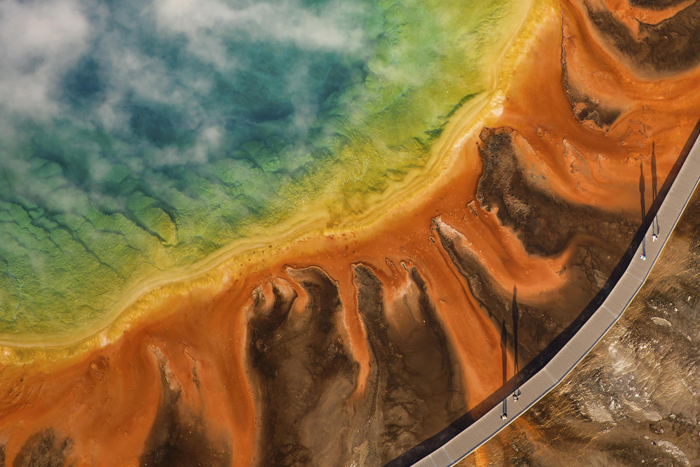 Aerial view of Grand Prismatic Spring in Yellowstone National Park.