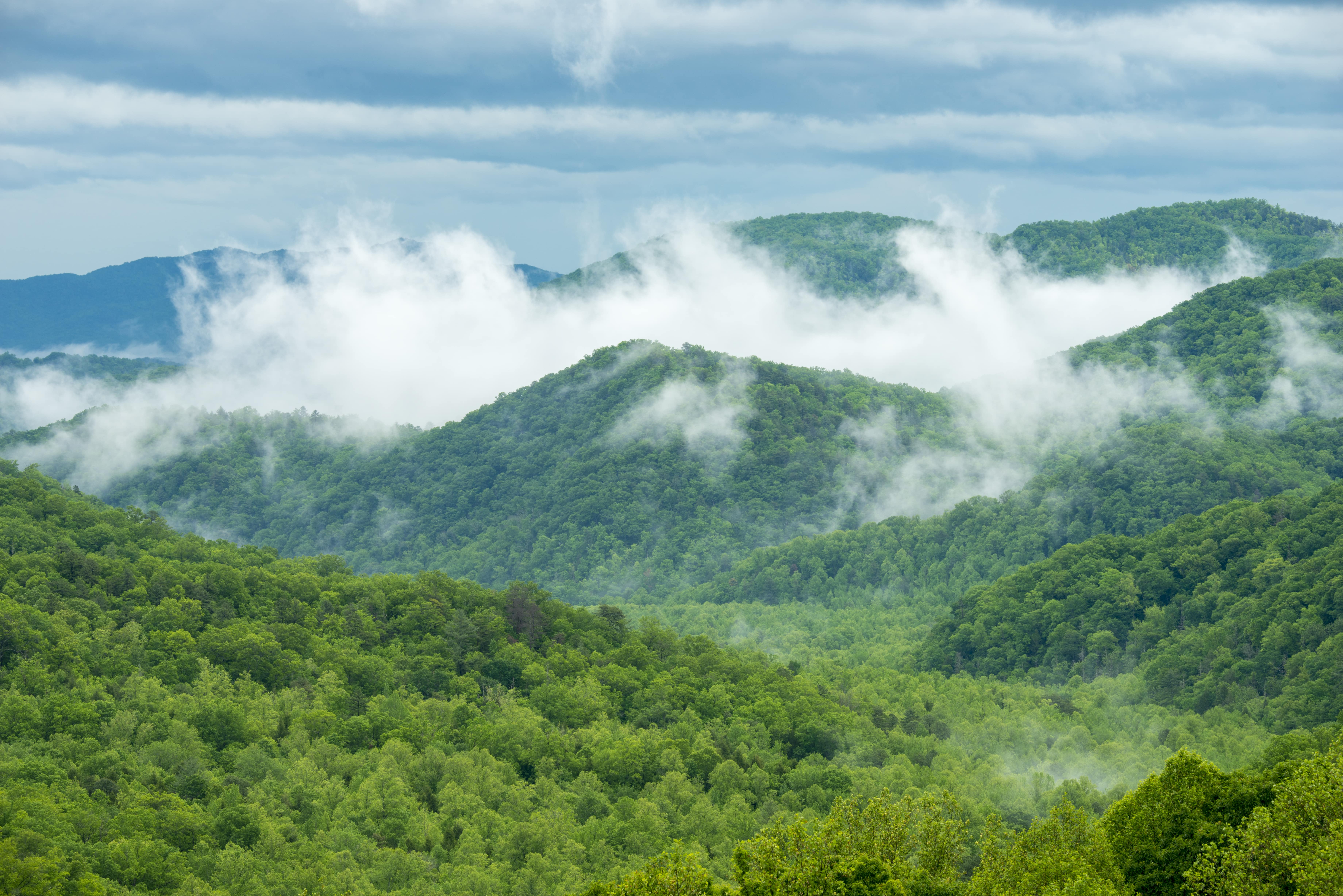 White clouds emerge from a green mountain valley.