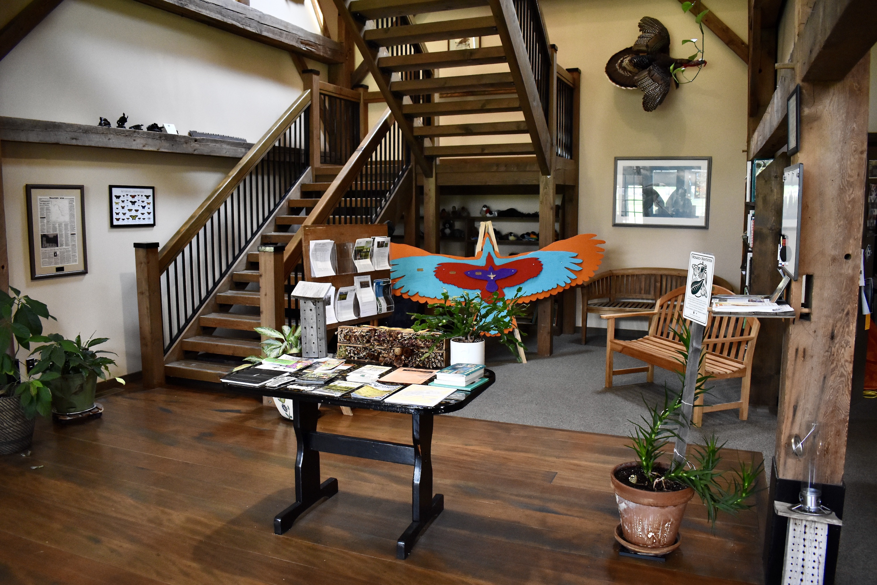  A view of the inside of a nature center with a table featuring pamphlets and brochures. There are animal posters on the walls and wooden stairs to the left.