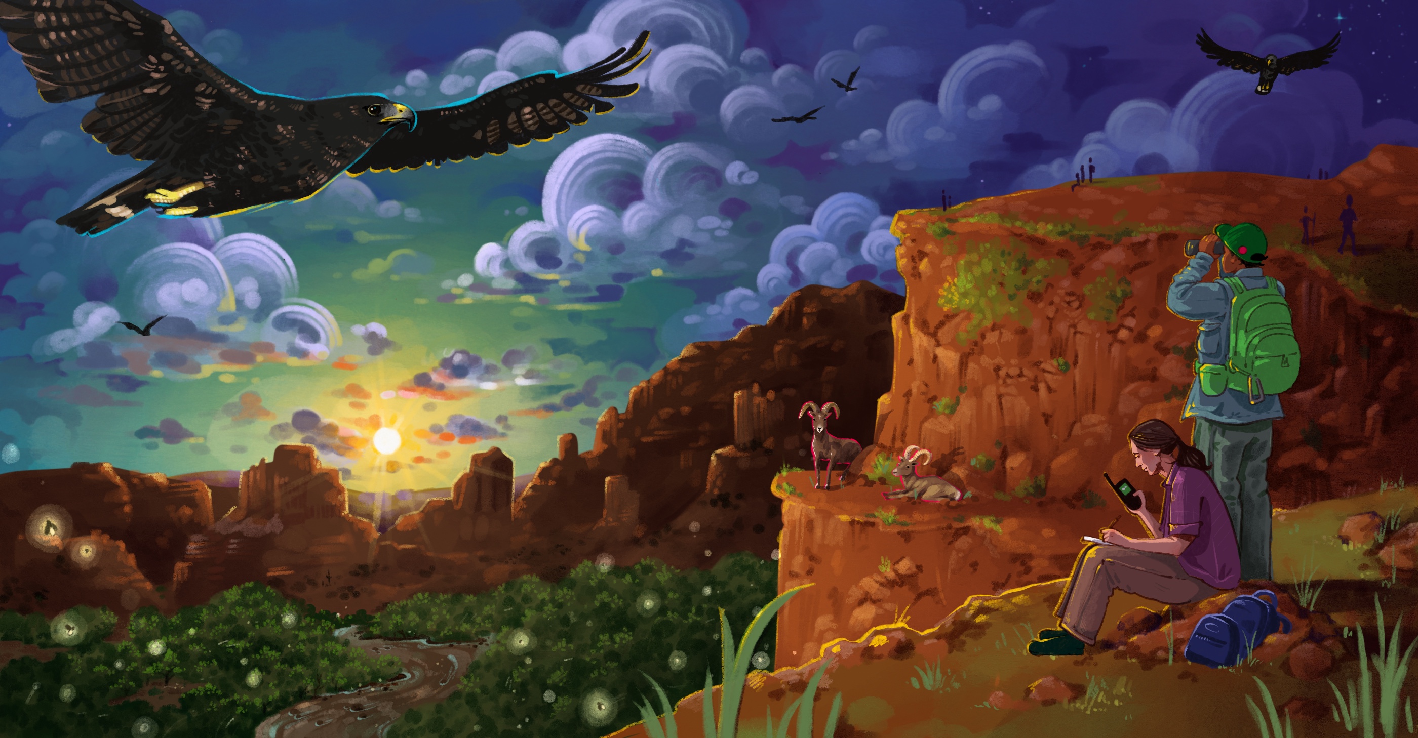 Colorful digital illustration showing two people on a canyon cliff with bighorn sheep in the mid ground and a hawk about during sunset.