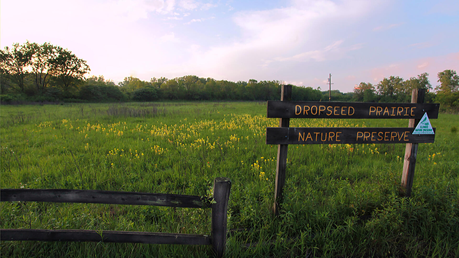 A sign is situated in a grassy field.