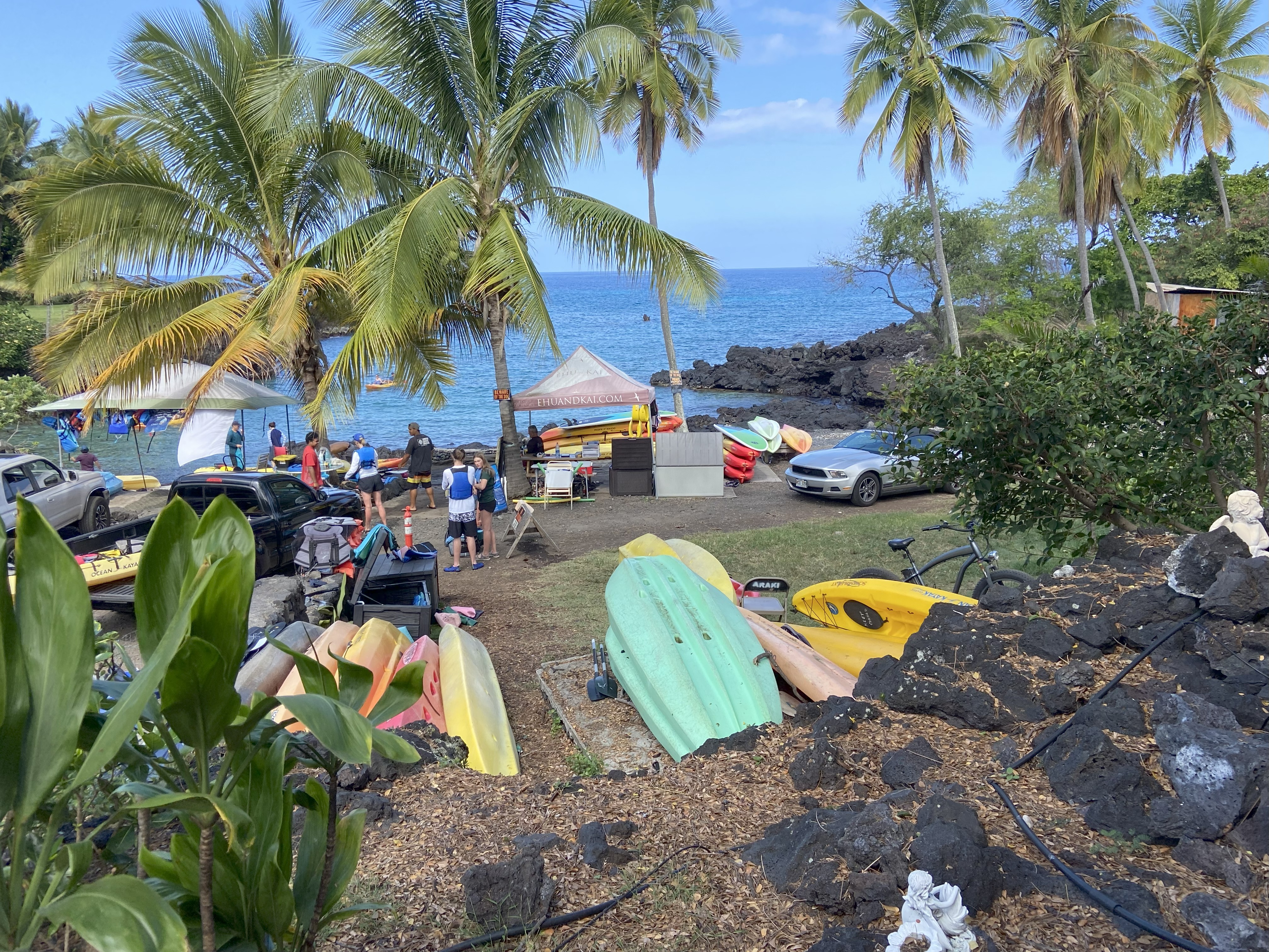 Dozens of visitors and kayaks along the shore.