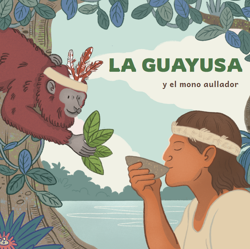 Primer plano de hojas de guayusa junto a un monóculo, resaltando sus texturas y colores únicos.