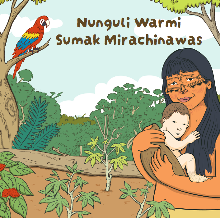 Una vibrante exhibición de nungu wami sumak mirichawas, que muestra frutas y verduras coloridas en un ambiente de mercado.