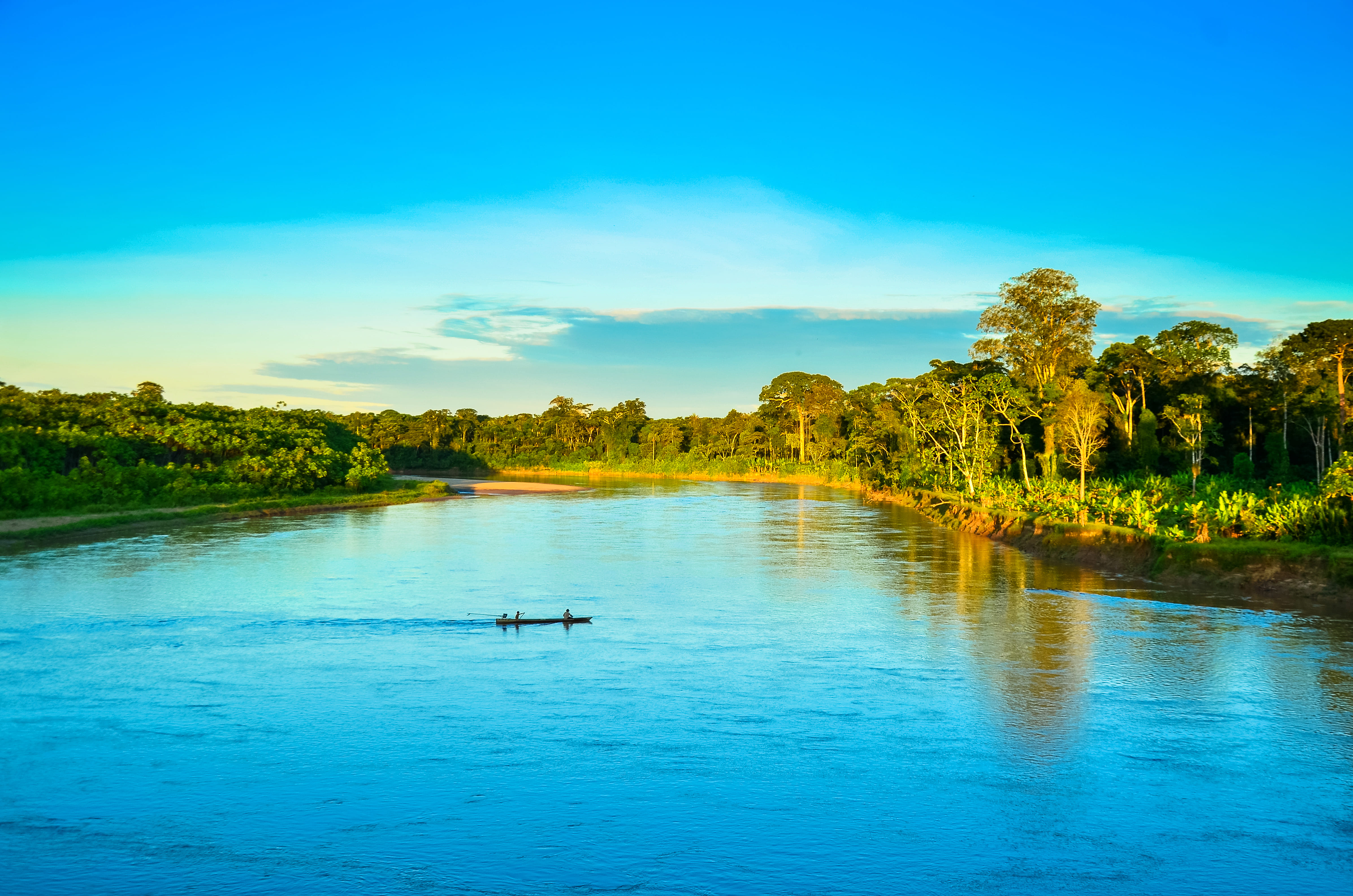 Un tranquilo río azul refleja la luz dorada del sol y un frondoso bosque verde, con dos pequeños pájaros planeando sobre el agua bajo un cielo despejado.