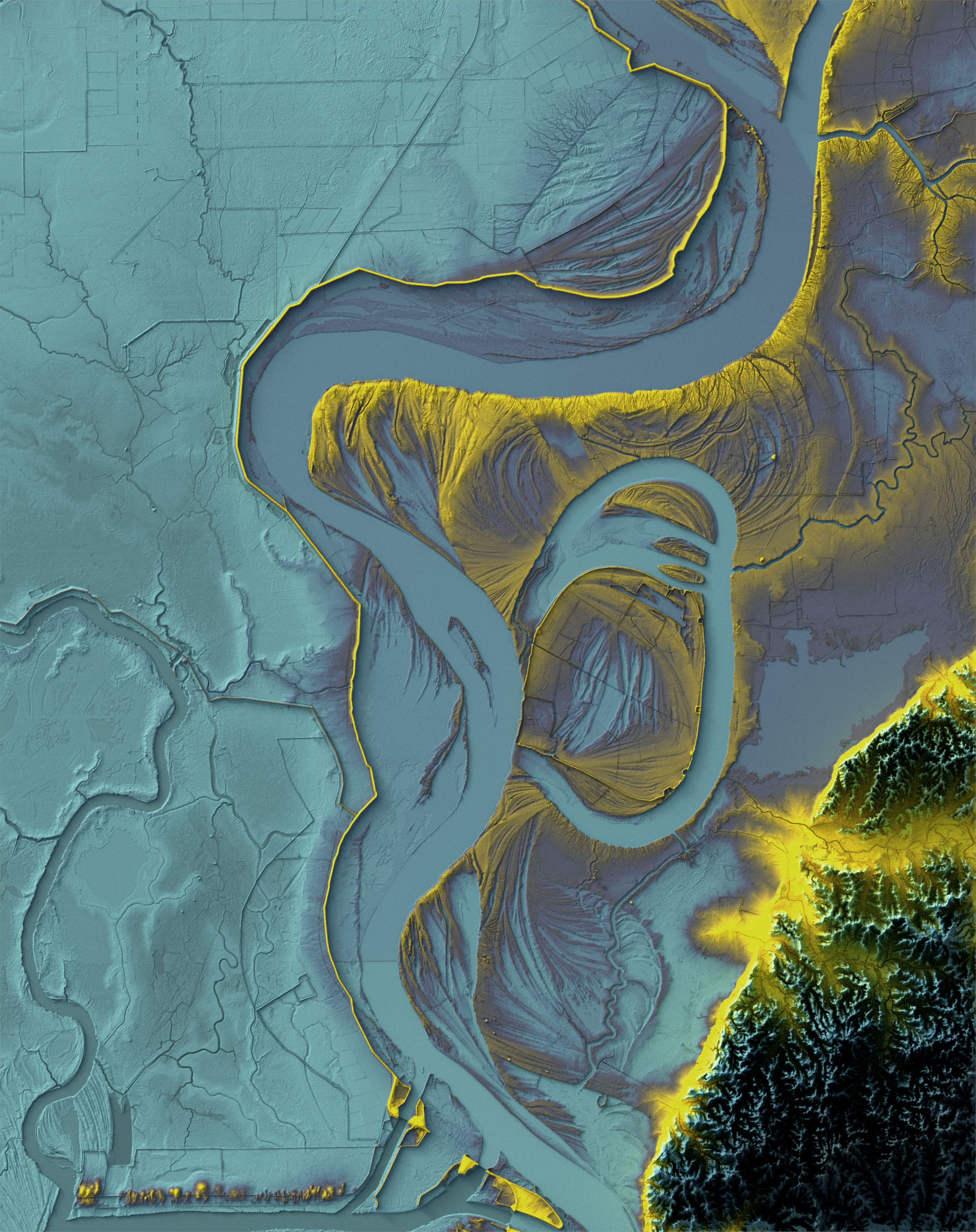 Lidar image of Loch Leven and the Lower Mississippi River basin with blue and yellow color tones.