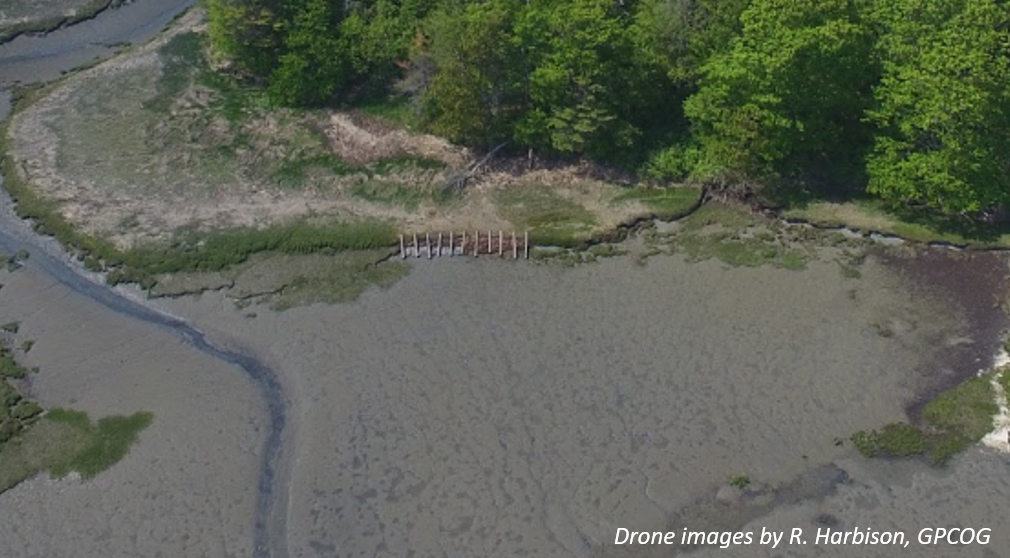 Aerial view of living shoreline installed along a bank.