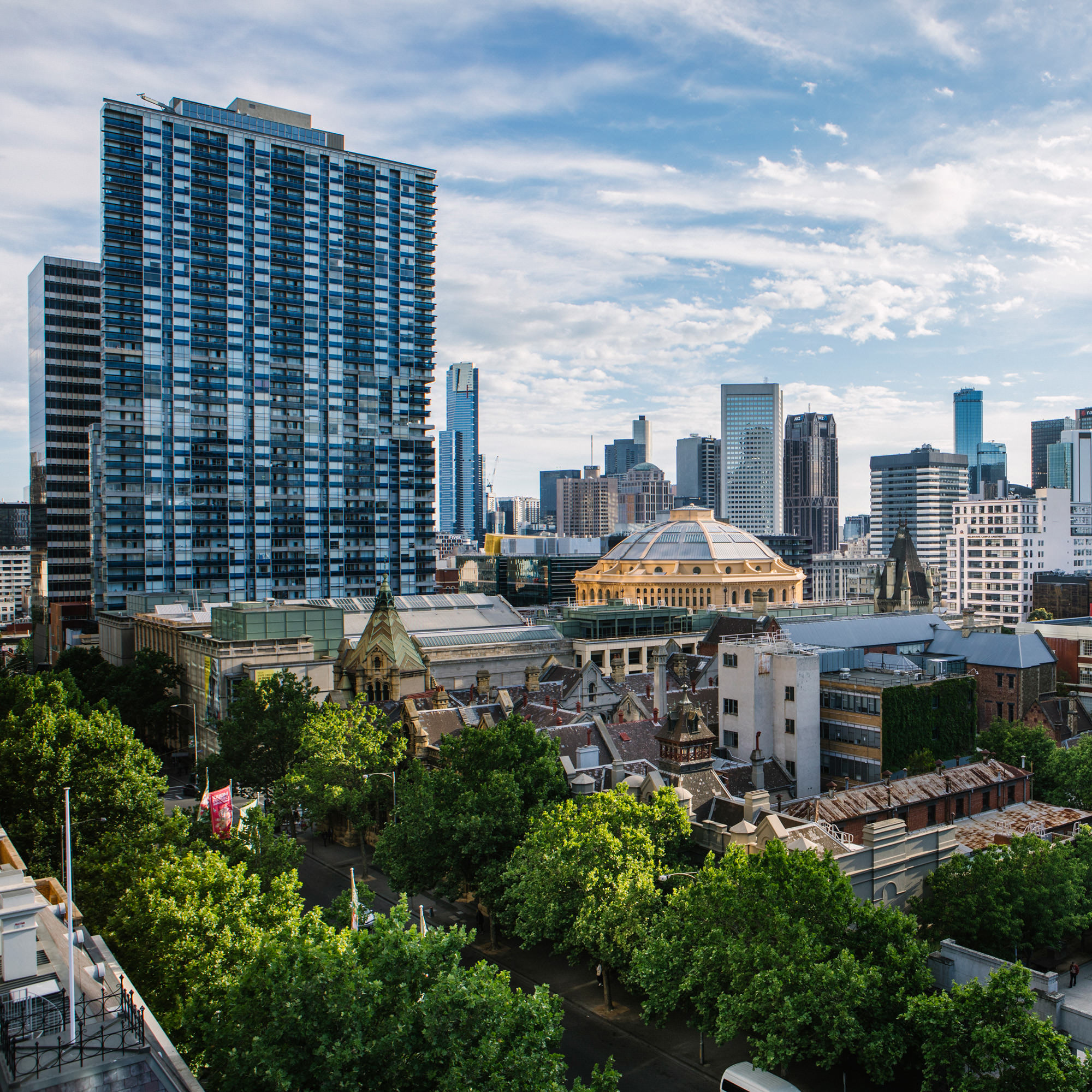 view of Melbourne skyline with trees in foreground