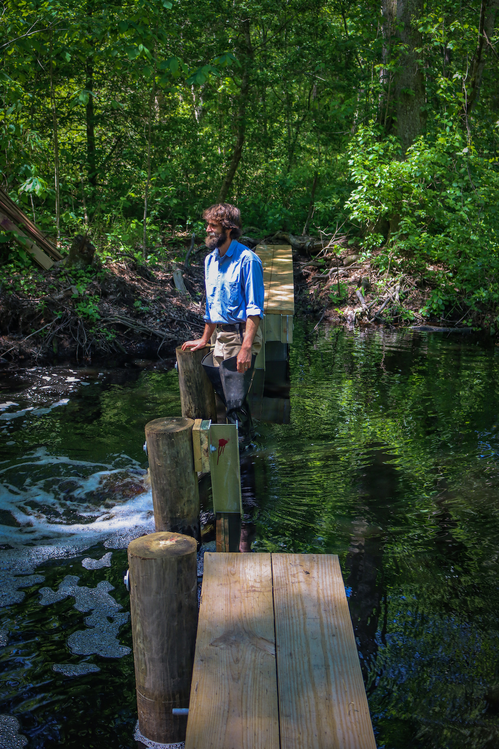 Eric Soderholm stands on a wooden structure above a creek. A forested area sits in the background.