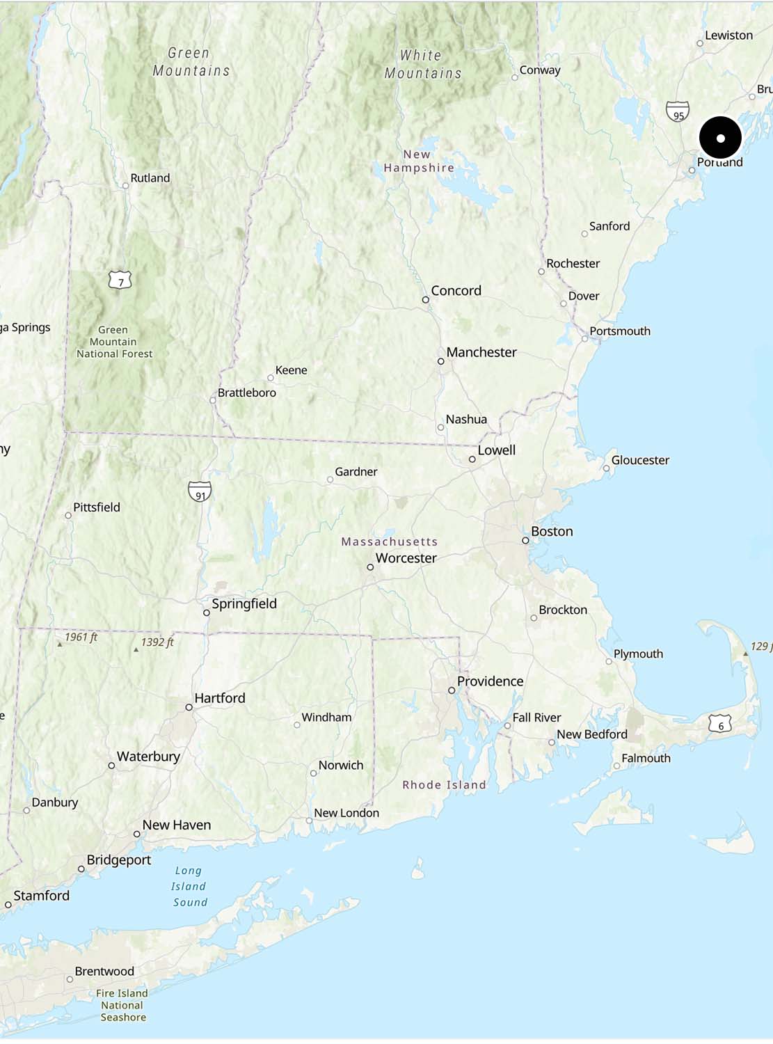 Map showing New England with a dot marking the location of Maquoit Bay, Maine.