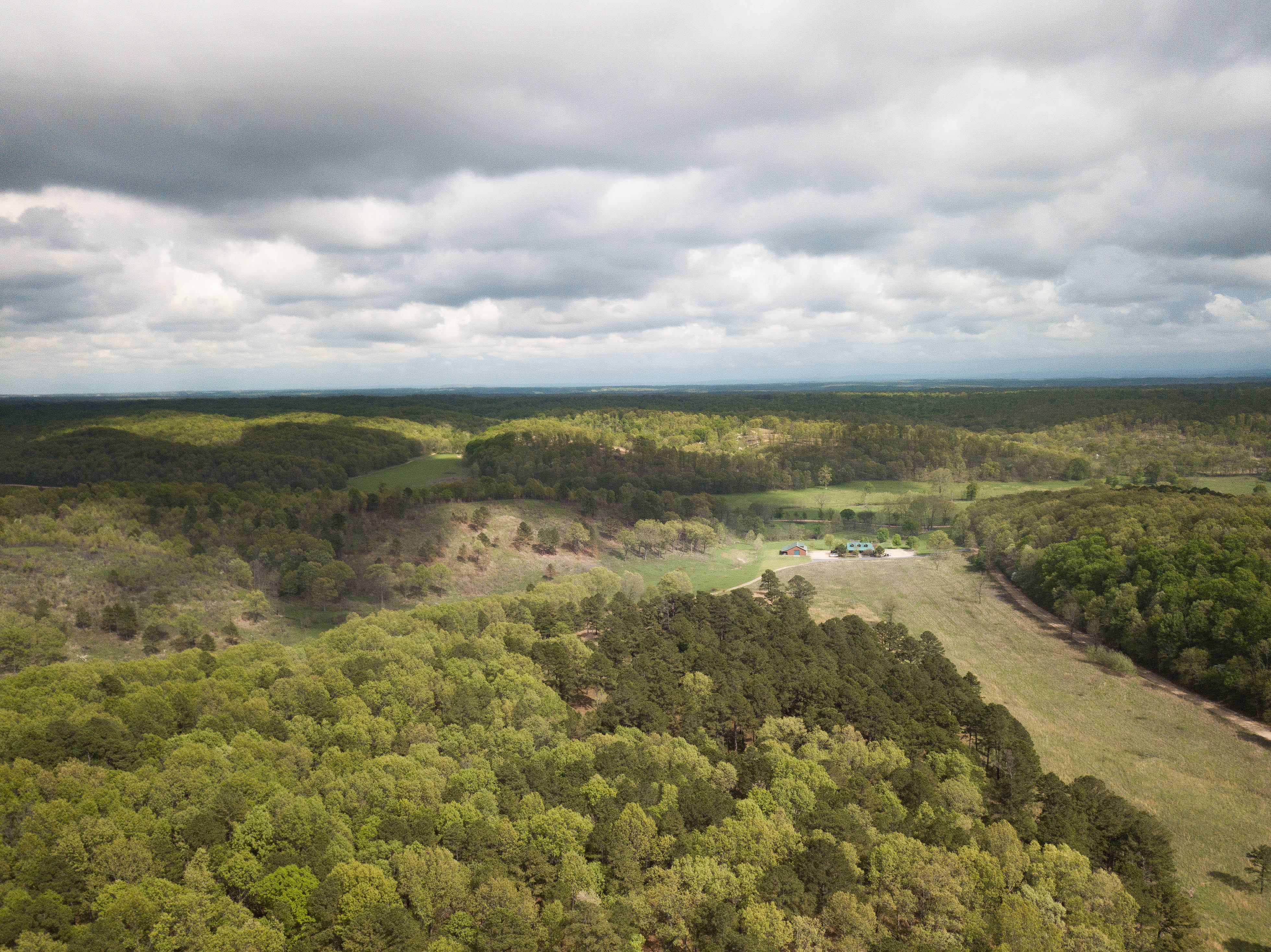 Aerial view of the lush forest of the Ozarks at the J.T. Nickel Family Nature & Wildlife Preserve in eastern Oklahoma.