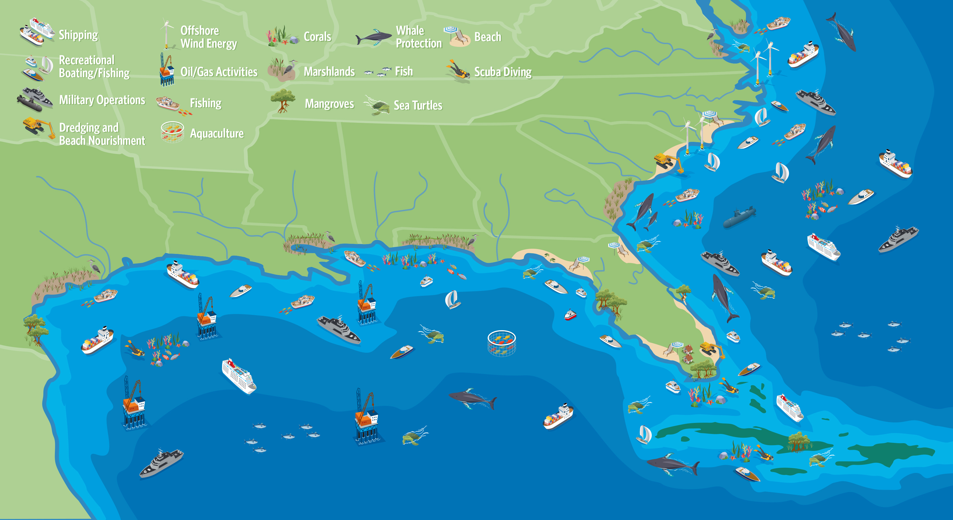 Map of the ocean and coasts network. 