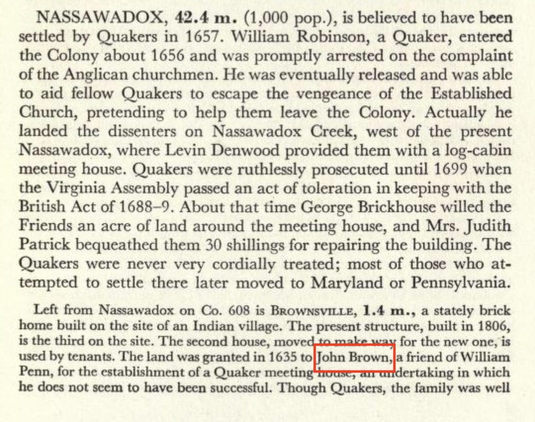 Excerpt from a book detailing the early history and notable locations on Virginia's Eastern Shore, including what it now Brownsville Preserve.