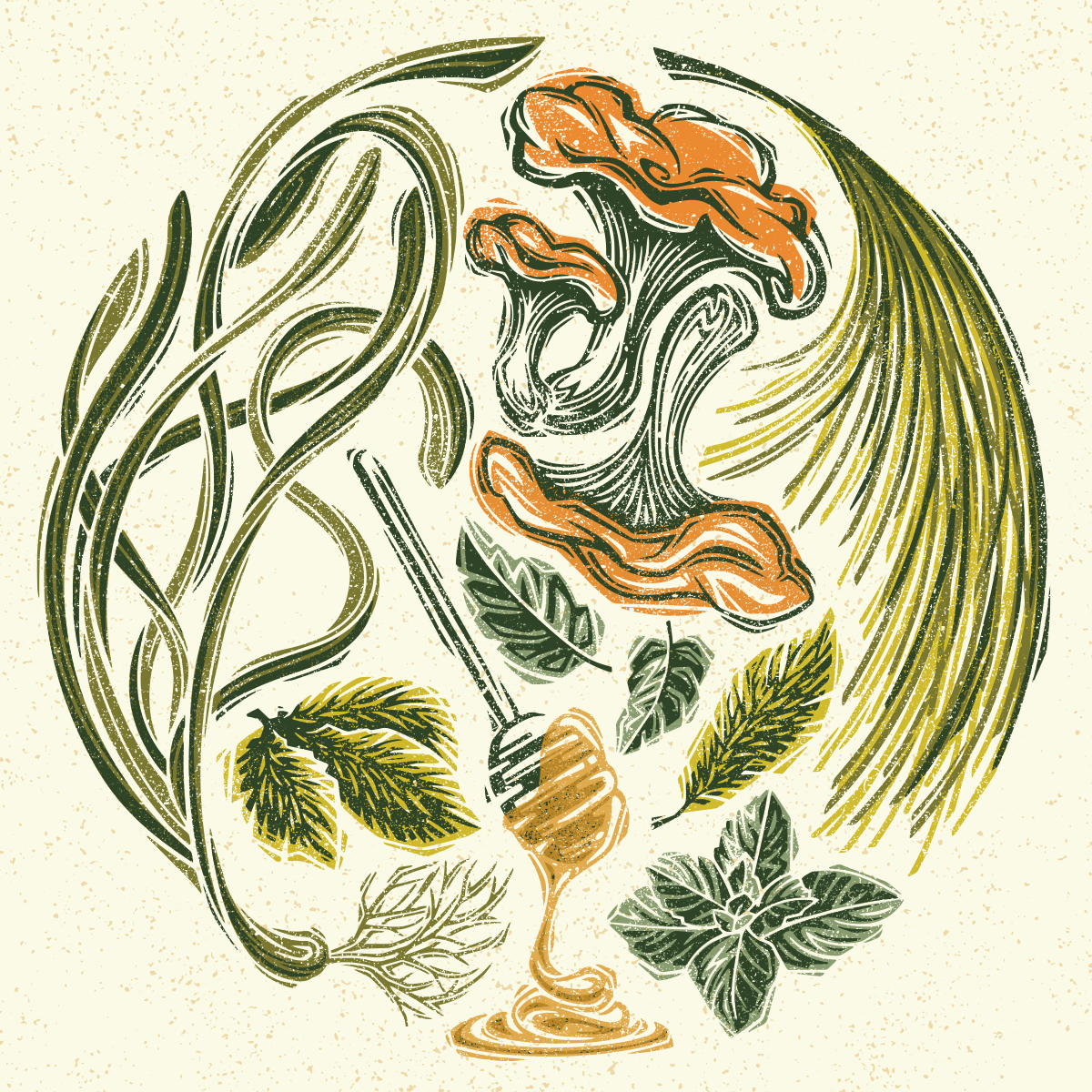 Art illustration showing strands of eelgrass and a branch of longleaf pine needles forming a circle around red spruce tips, chanterelle mushrooms and a honey dipper.