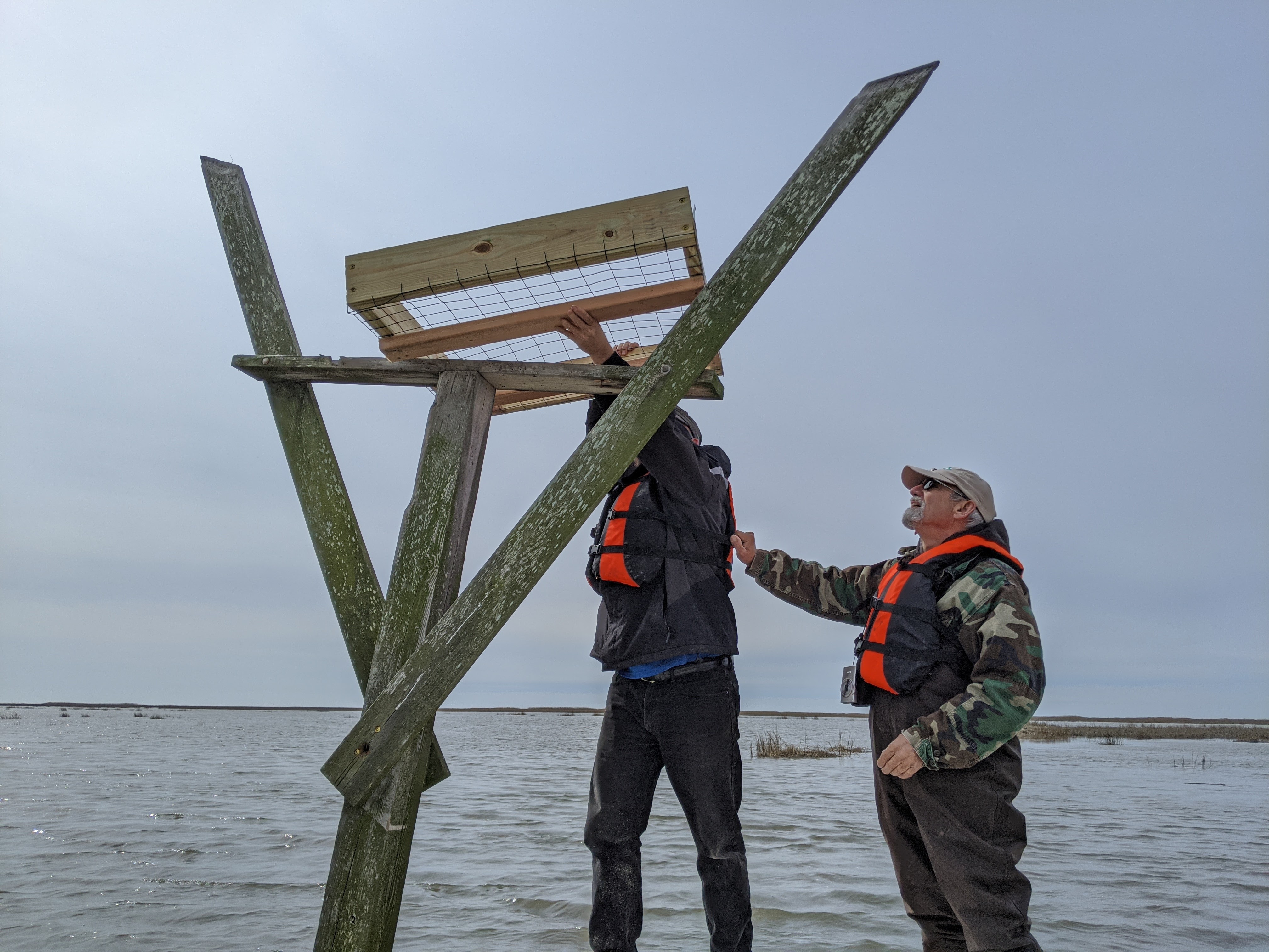 Two men with osprey platform.