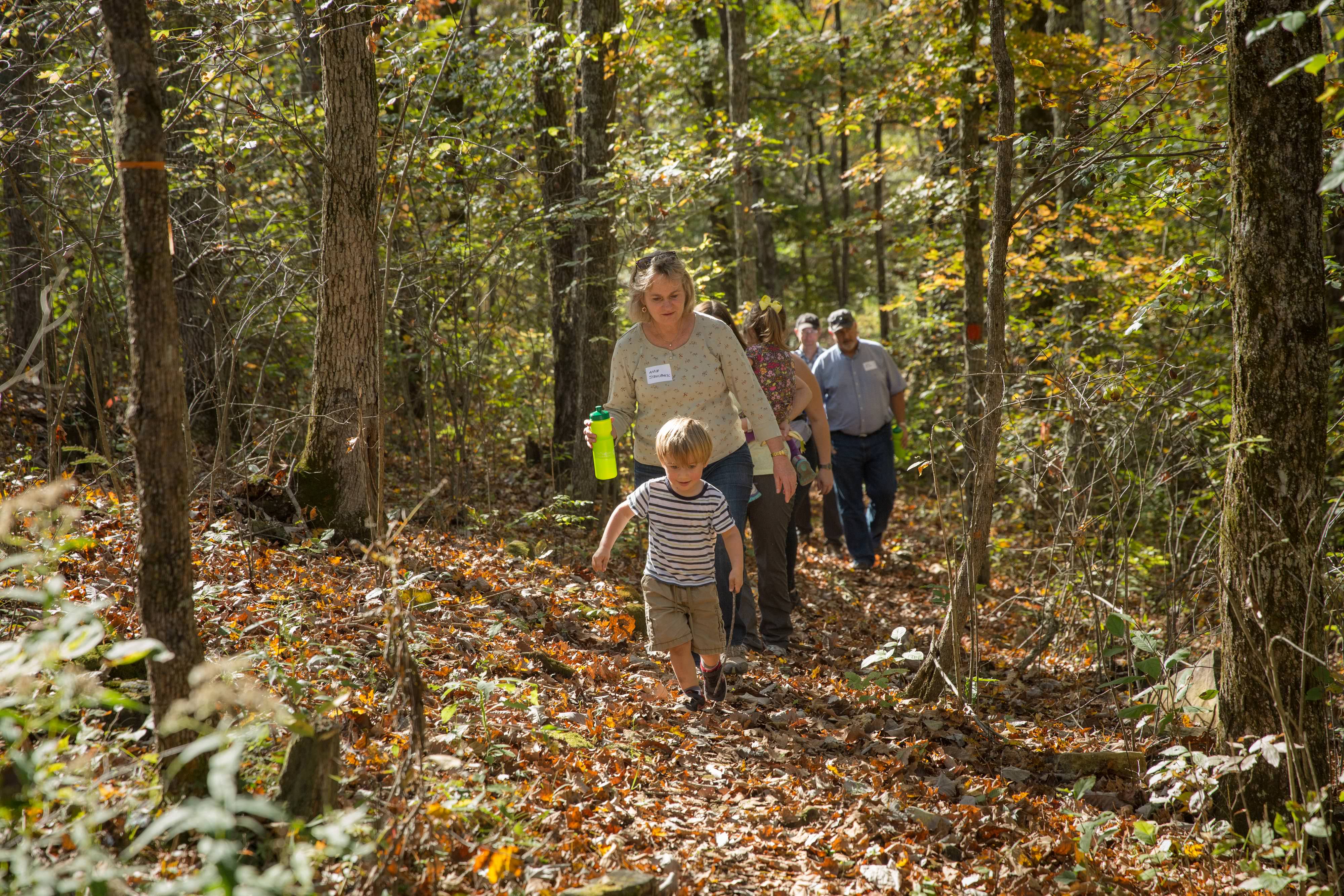 Led by a child, three people hike up a leafy trail surrounded by forest.