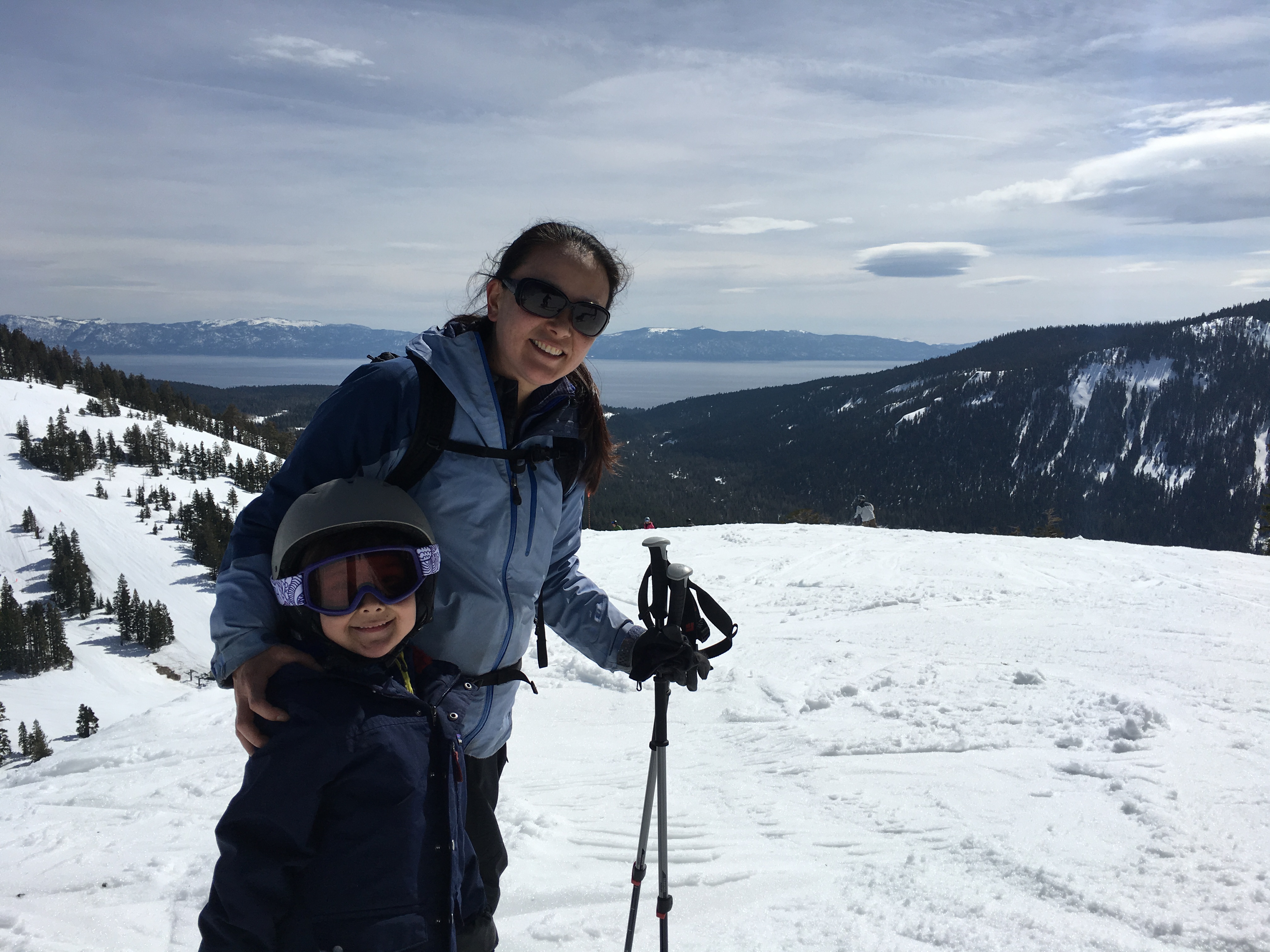 Sandi Matsumoto skiing with her son in Sierra Nevada.