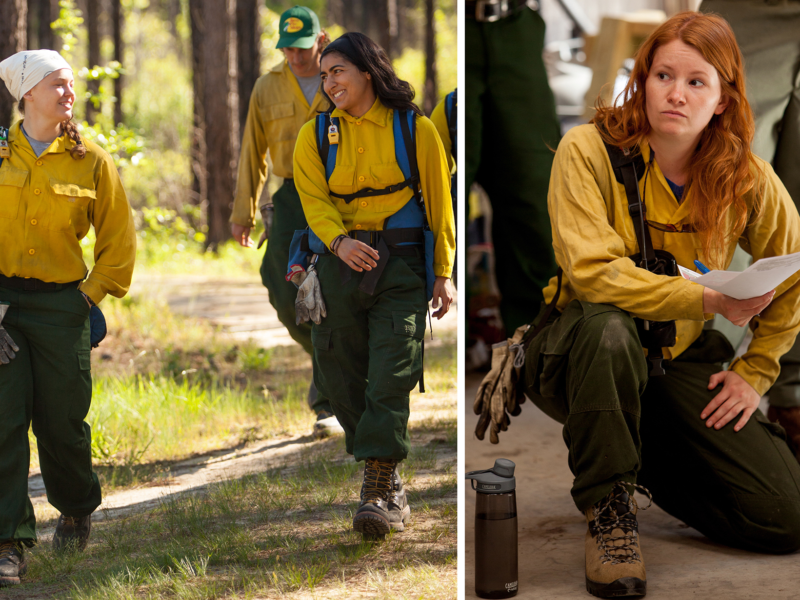 Two photos combined to create a single image showing women participating in a controlled burn, walking together through a forest and listening during a morning briefing.