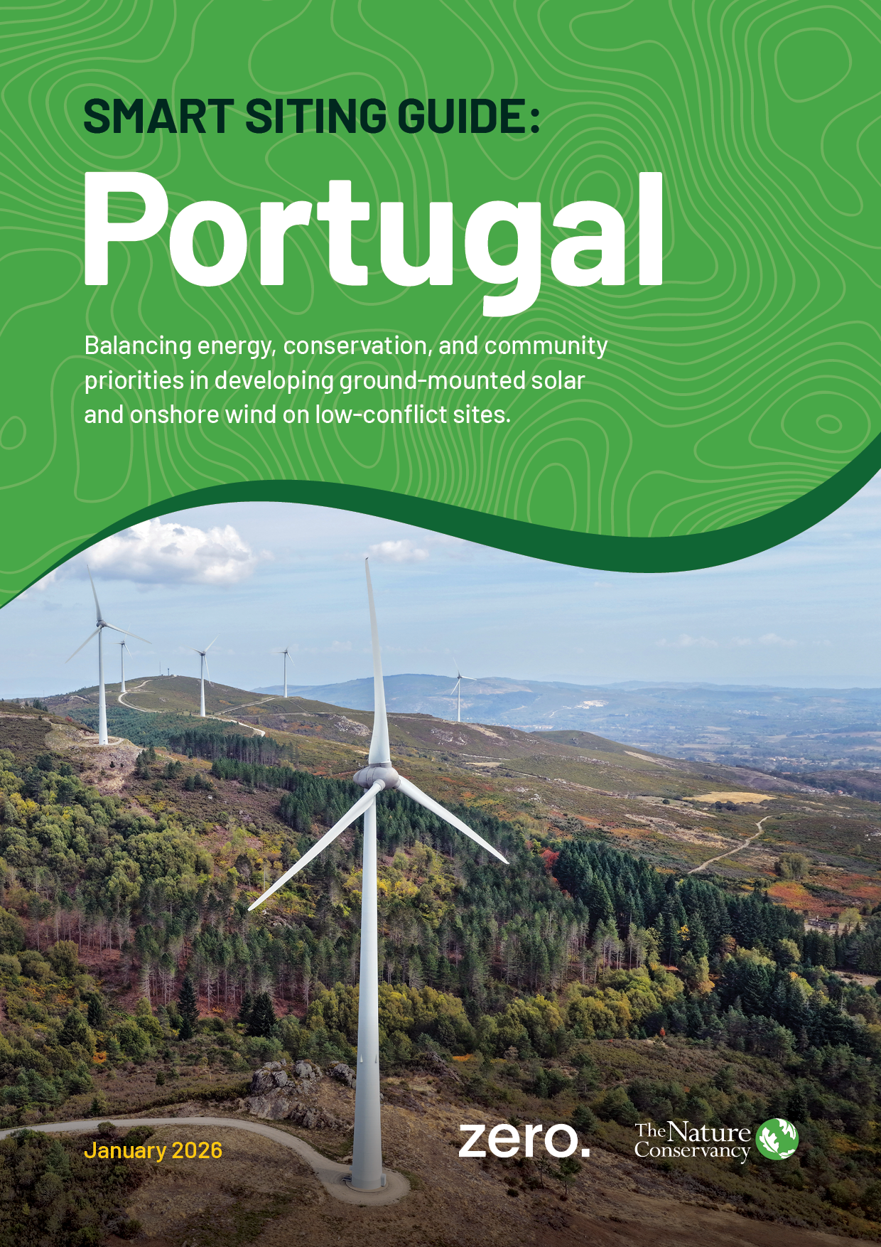 Cover of Portugal Smart Siting Guide report with wind turbines on a hill.