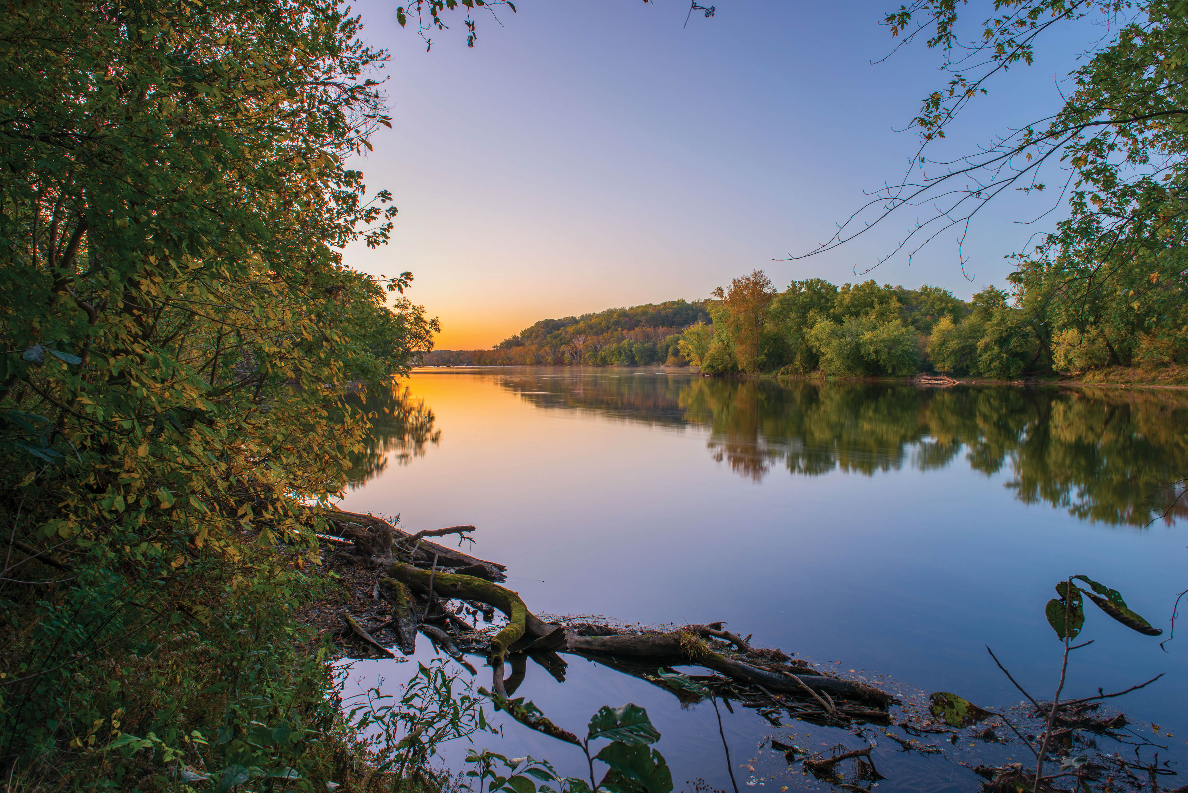 The Potomac River runs through Virginia's Fraser Preserve. The tree lined banks are reflected in the mirror-like surface of the water as the horizon glows in the light of the rising sun.