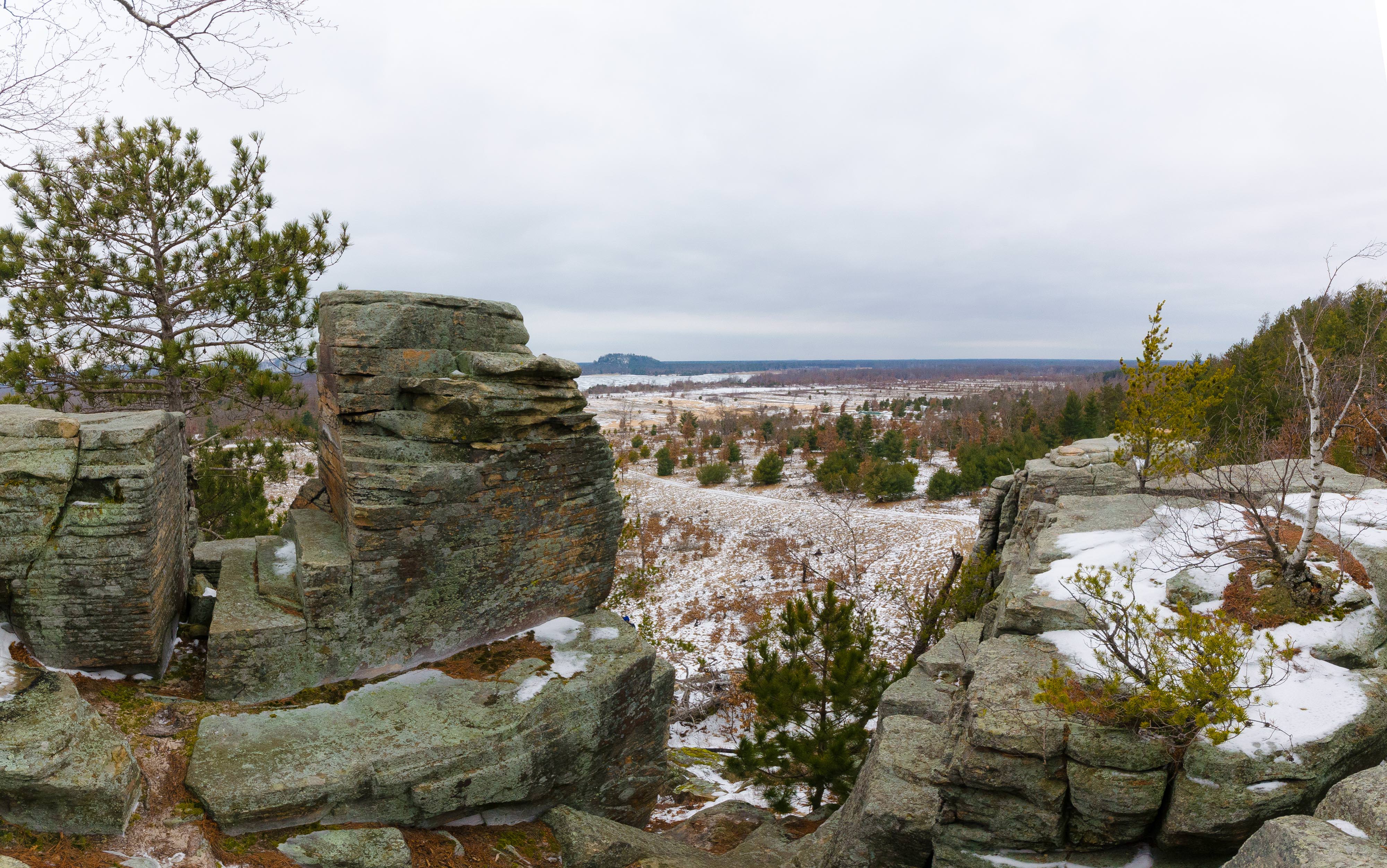 Panoramic view over the wintry landscape from the rocky, snow-covered bluffs dotted with birch and conifer trees at the Quincy Buff and Wetlands State Natural Area.