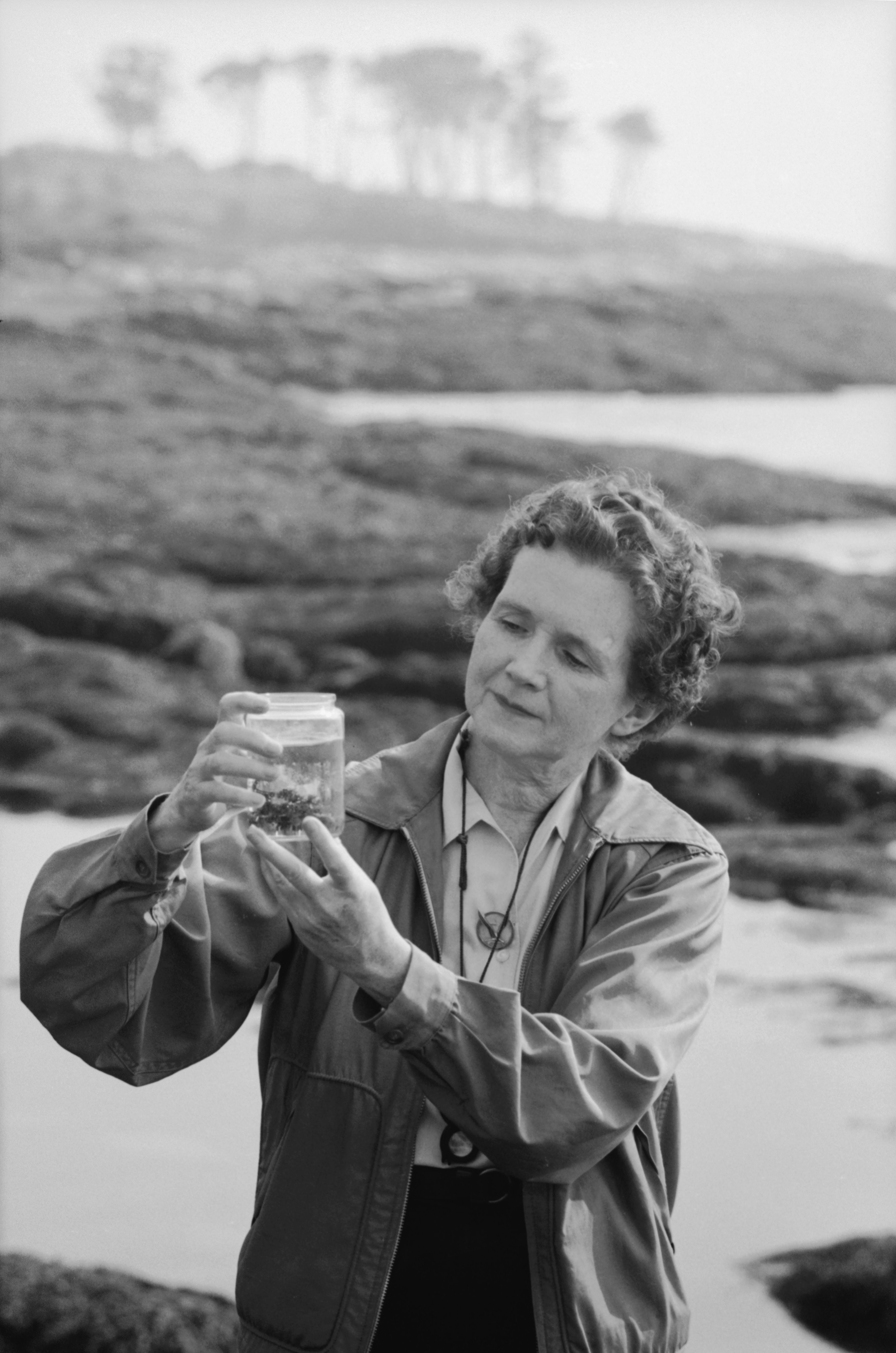 Biologist and author Rachel Carson stands seaside, examining specimen in a jar.