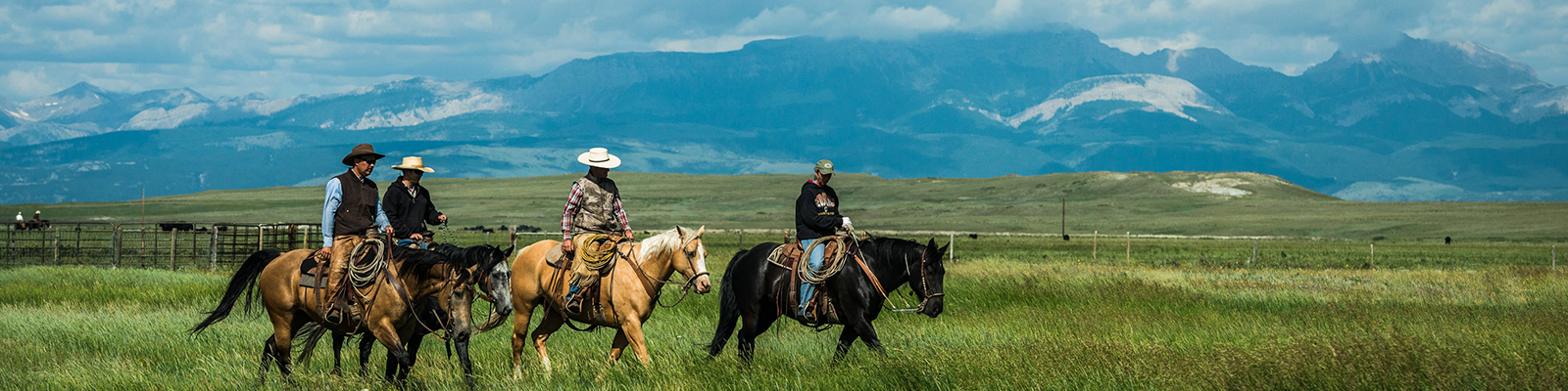 Four people ride on horseback in the foreground; a wide expanse of rangeland is in the middle ground, and a rugged mountain range is in the distance.
