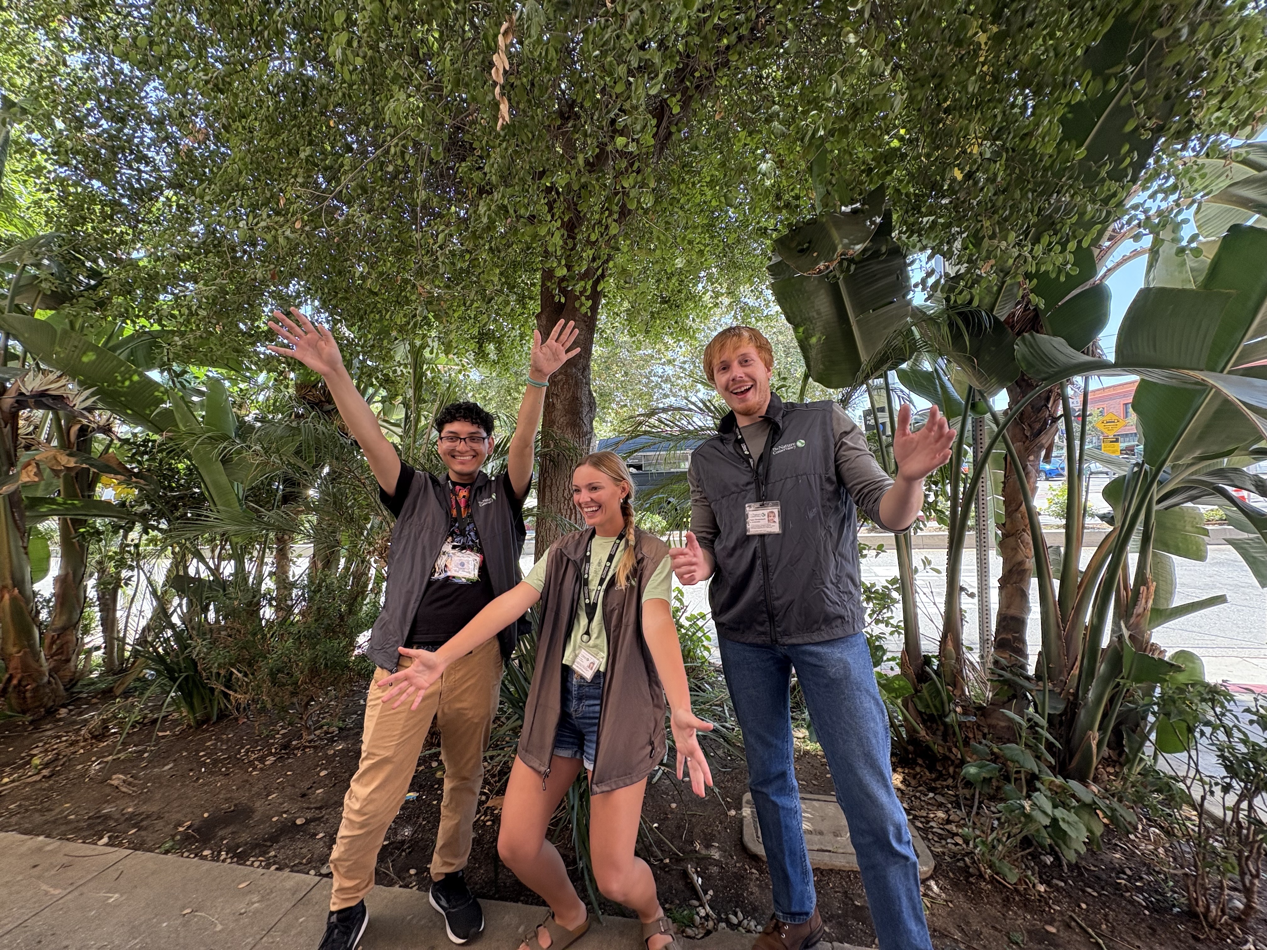 Three canvassers give excited poses in front of greenery in LA. 