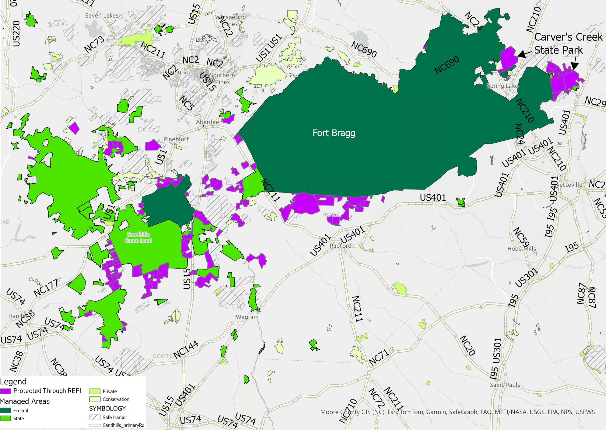Map showing the Sandhill military camp and the surrounded areas that were key to protection and partnership.