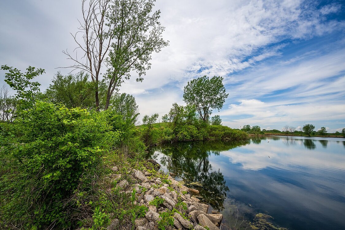 A small inlet on the Saginaw River shore. A rocky shore with trees on the left side of the image, with water on the right.