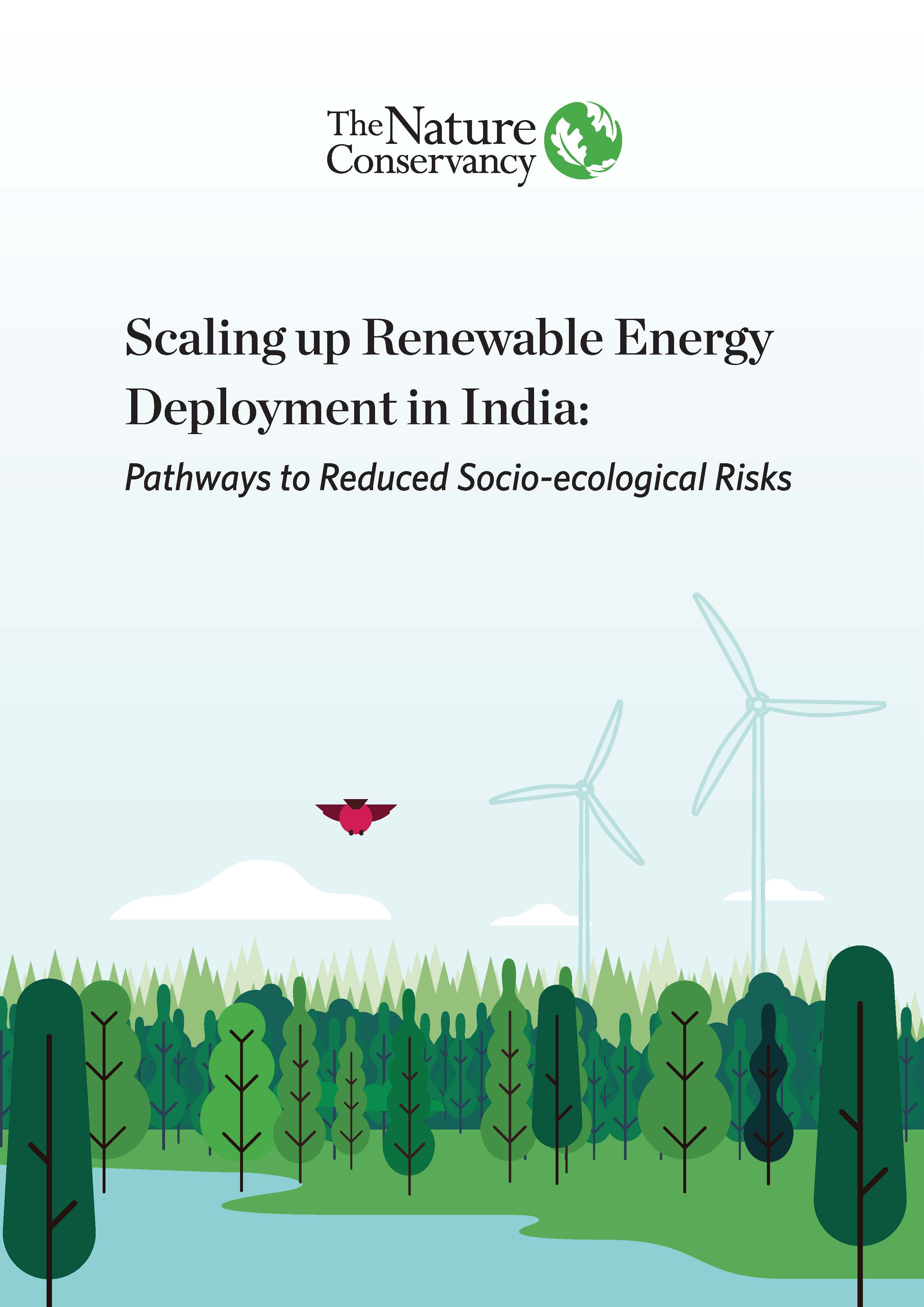 report cover with illustration of wind turbines, forest and lake.