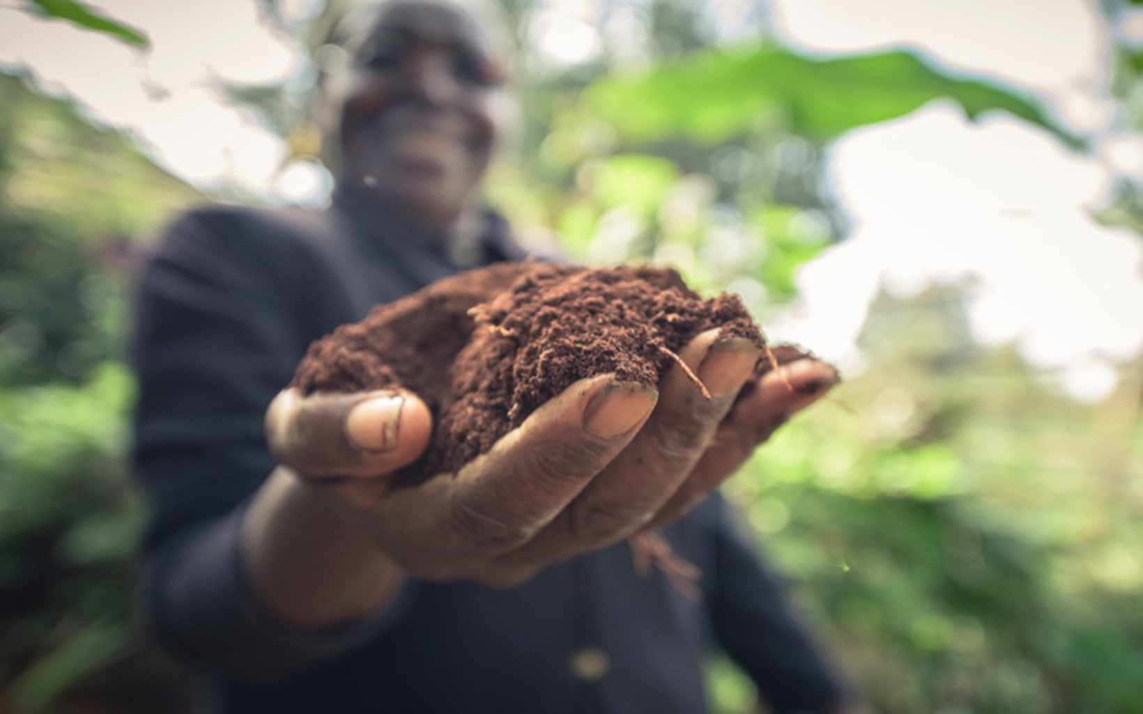 A woman holds a handful of healthy soil