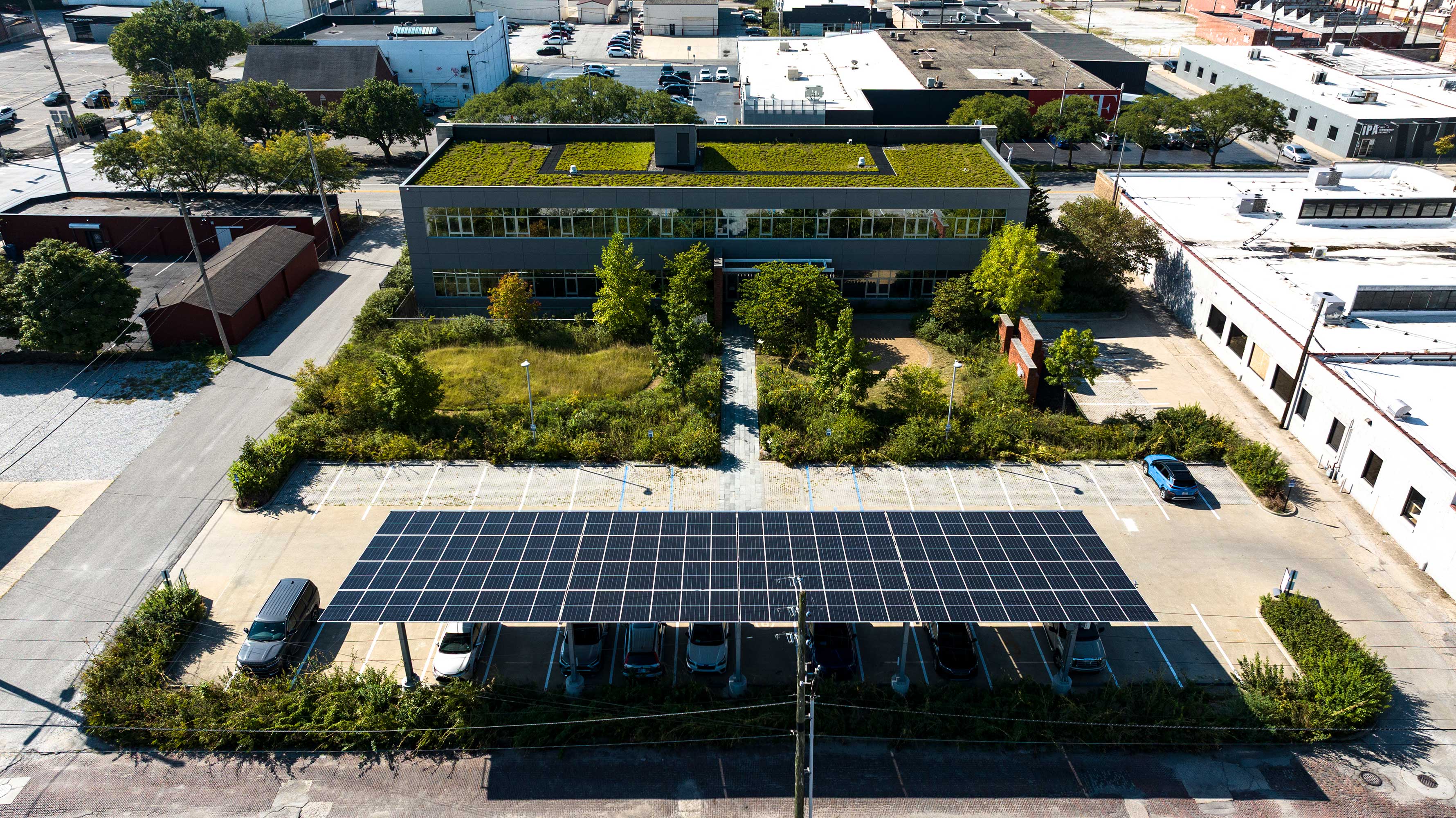Solar panels on top of the parking lot at The Nature Conservancy's Indianapolis office.