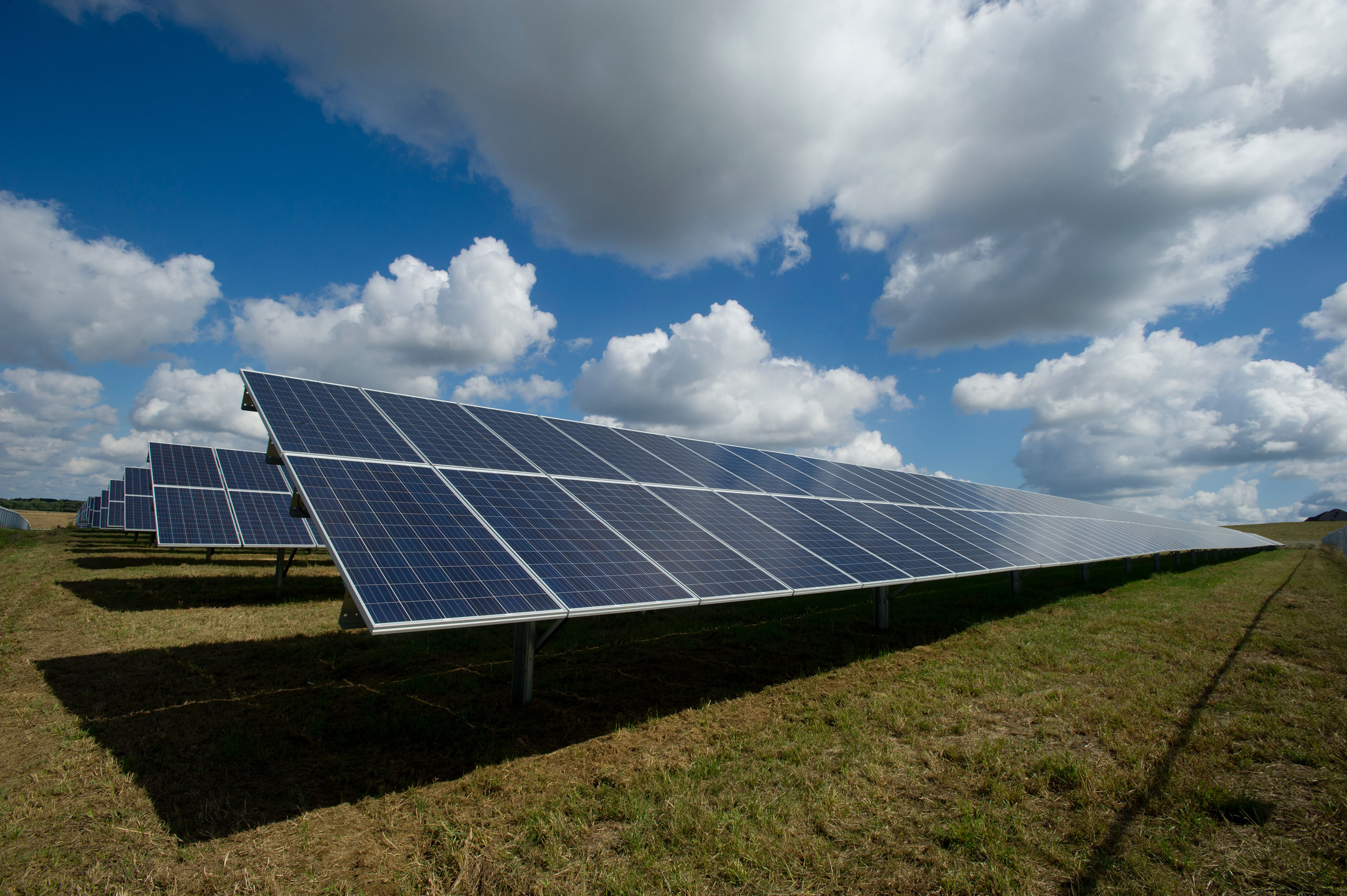 A row of solar panels in a field under a blue sky dotted with white clouds. 