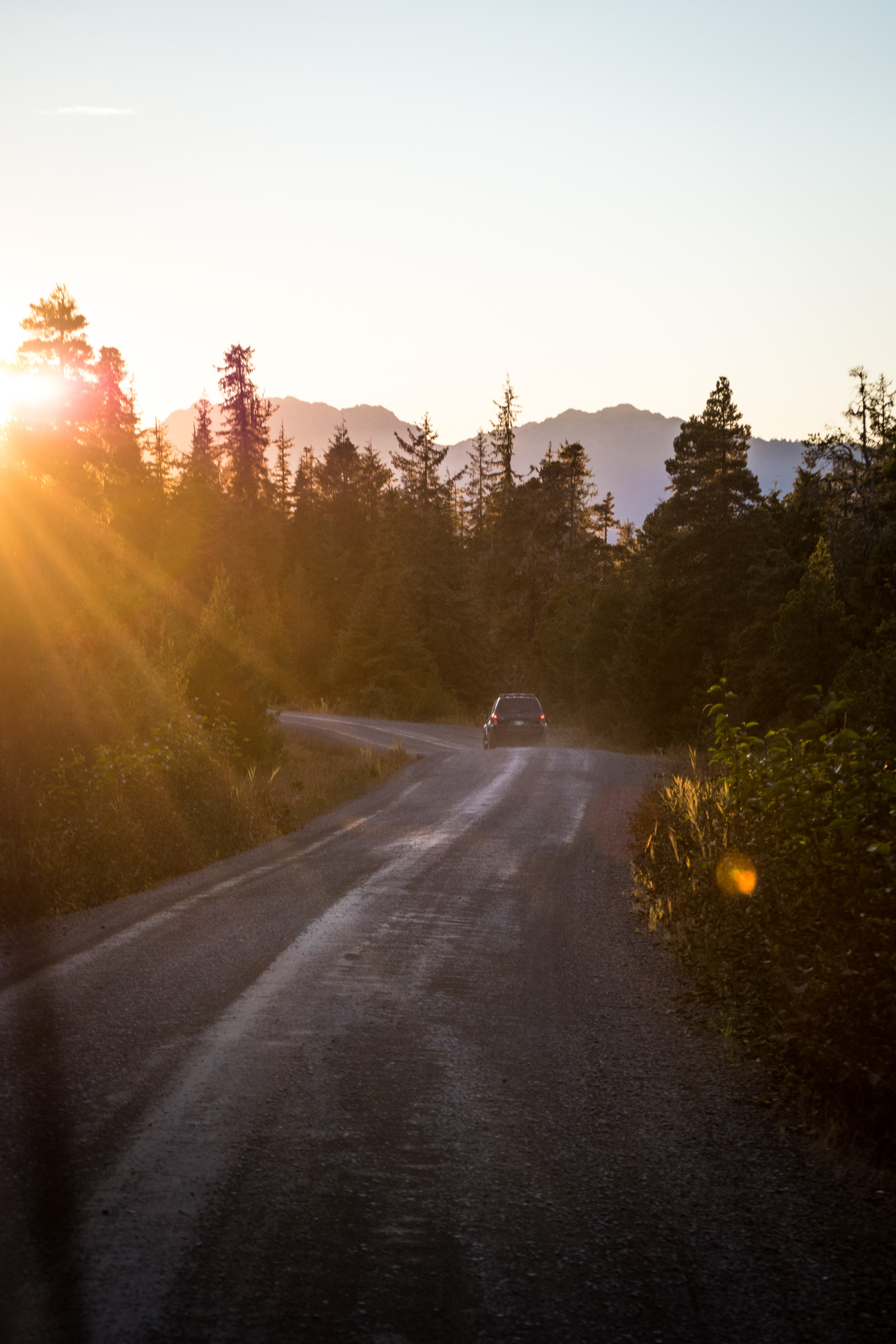 A car drives down a dirt road that cuts through a forest as the sun sets over the tree line.