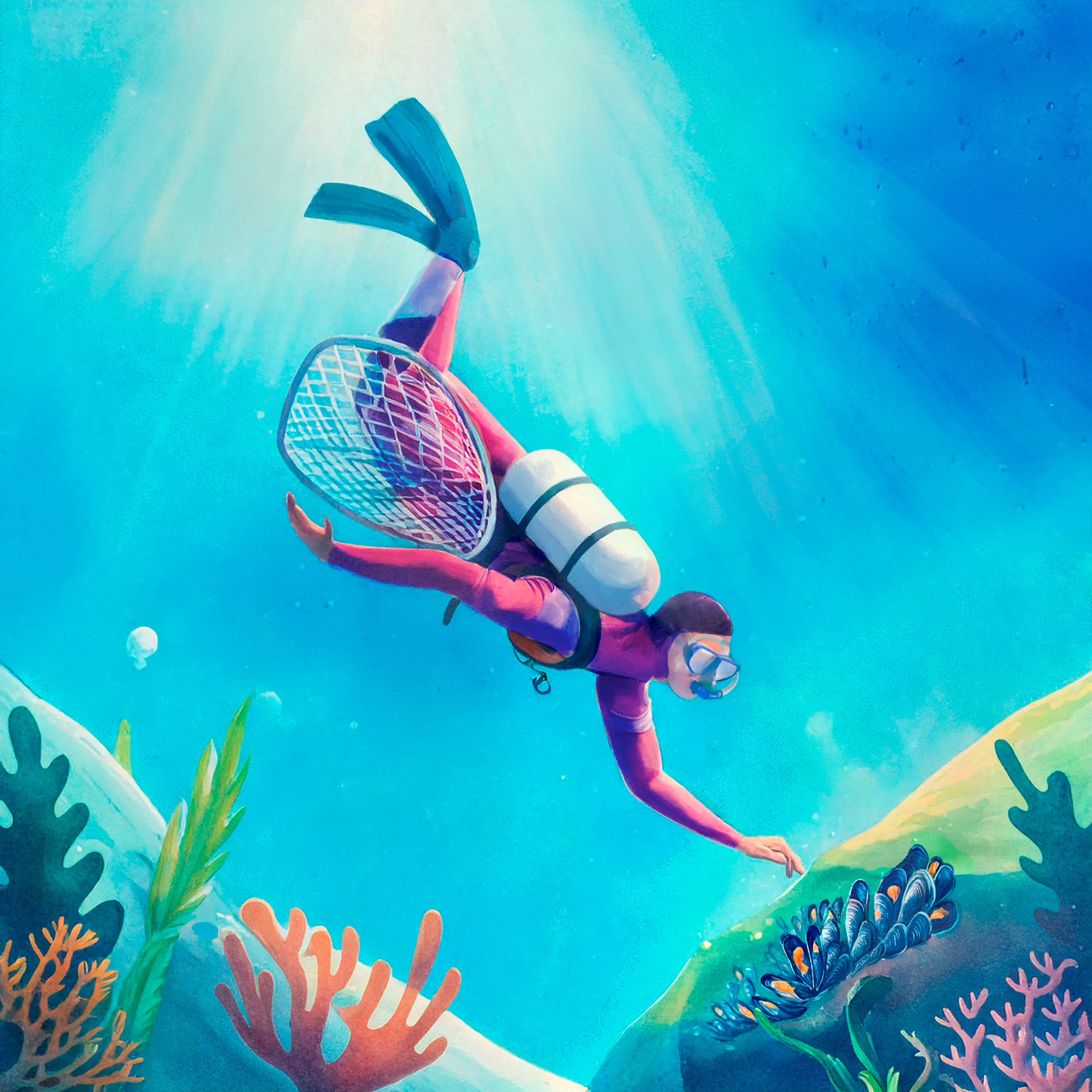 Illustrating depicting a diver swimming under water.