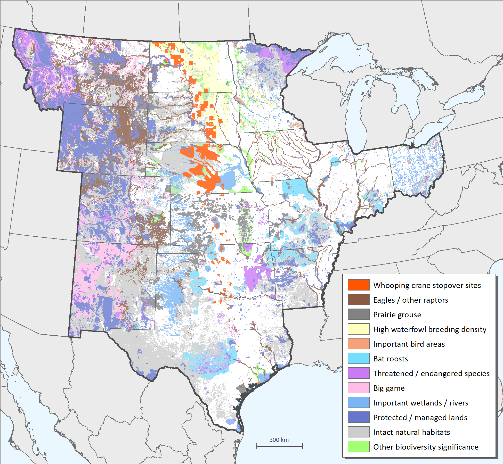 A map showing central U.S. Site Renewables Right wildlife layer.