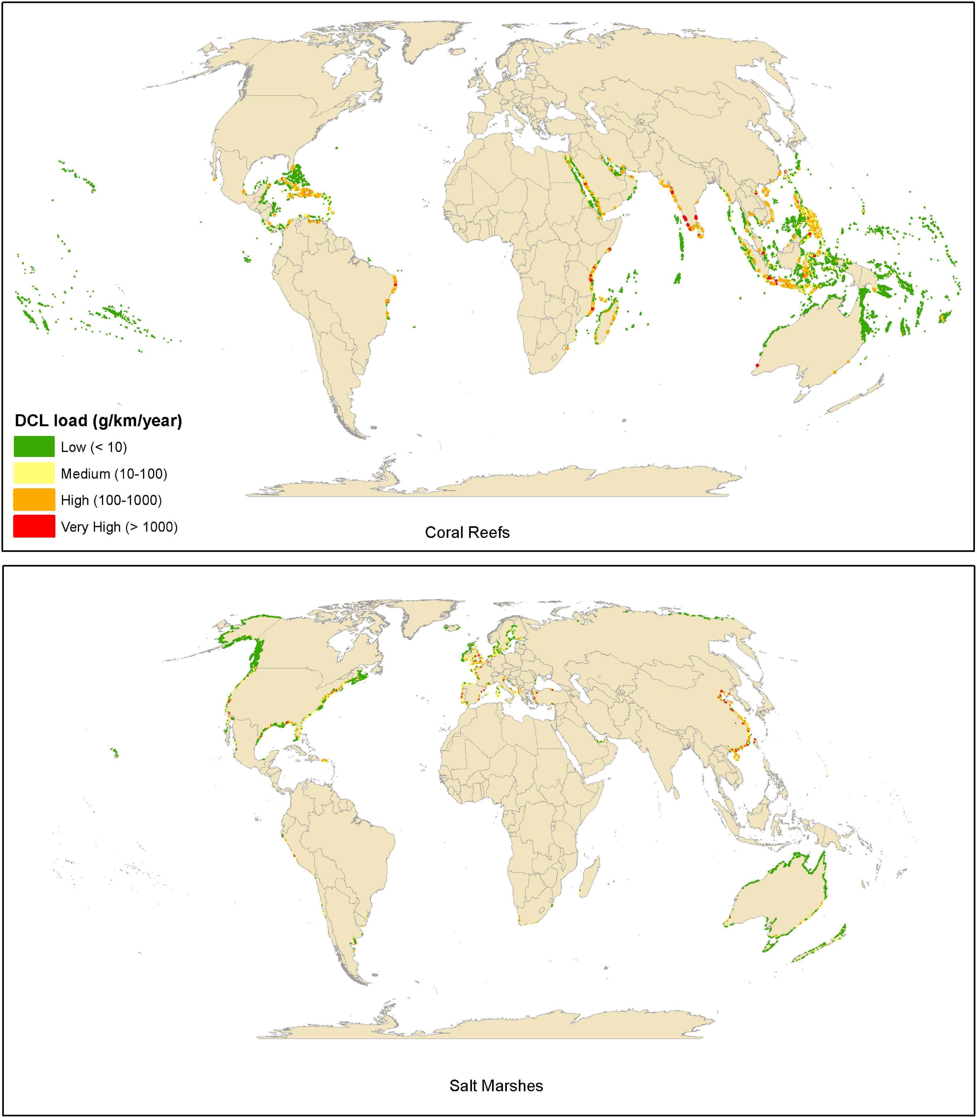 Two global maps showing the prevalence of wastewater pollution along coastlines