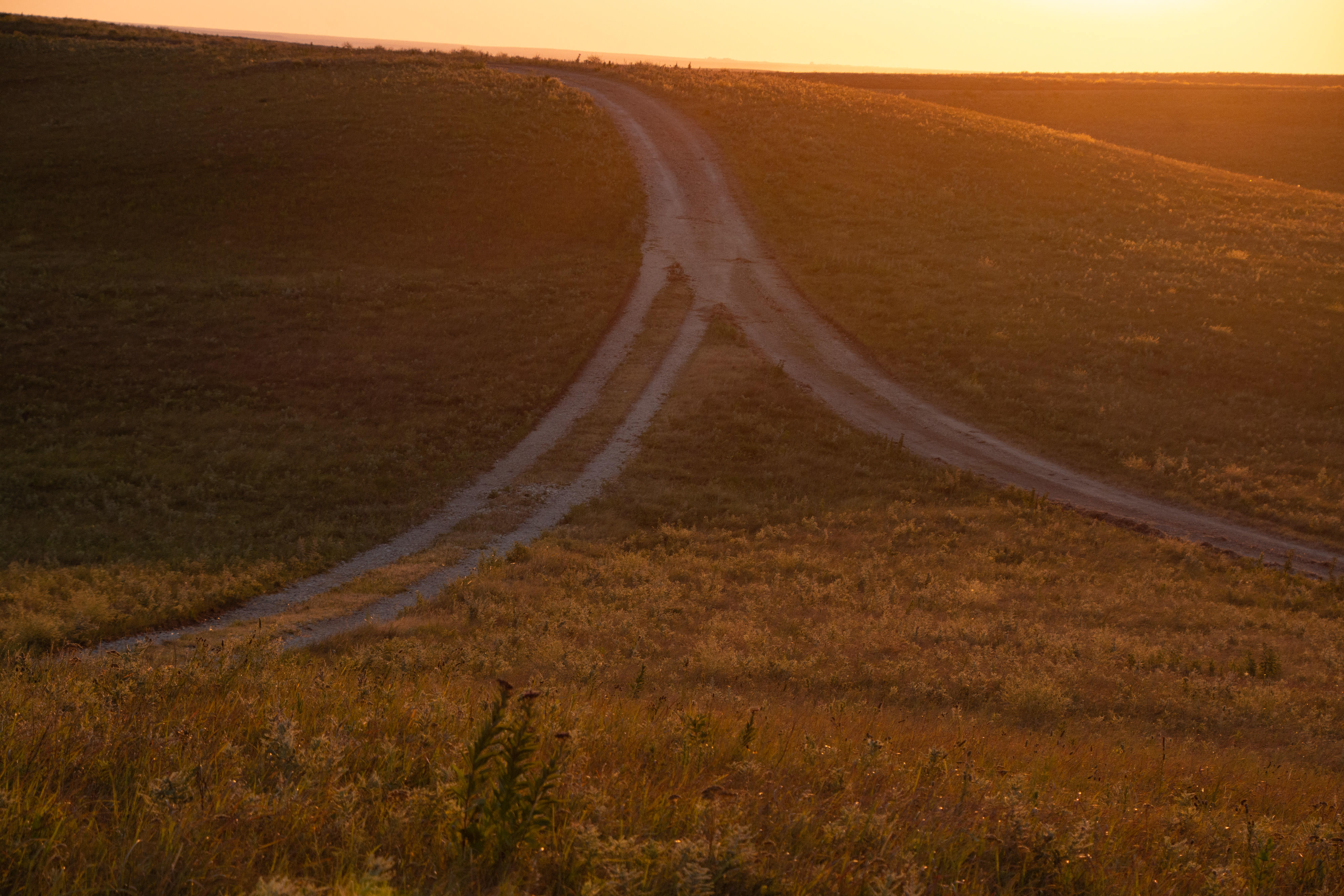 Sun sets on open prairie with two trails merging on a hilltop. 