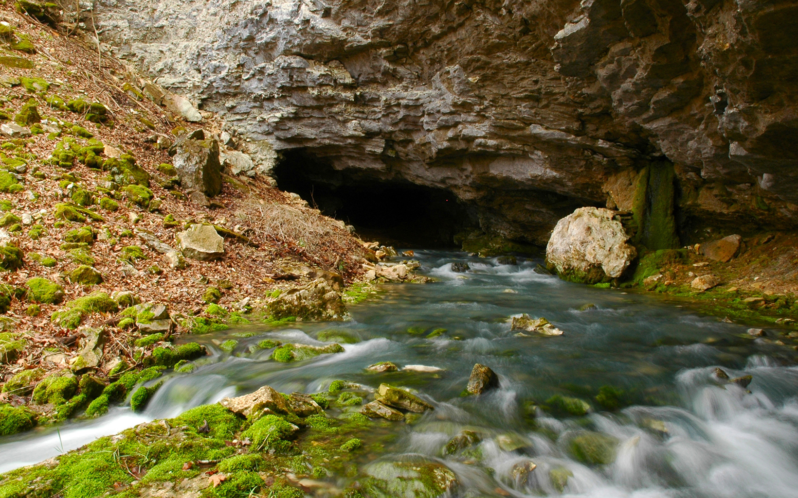 A rocky cave opening with water flowing from it.