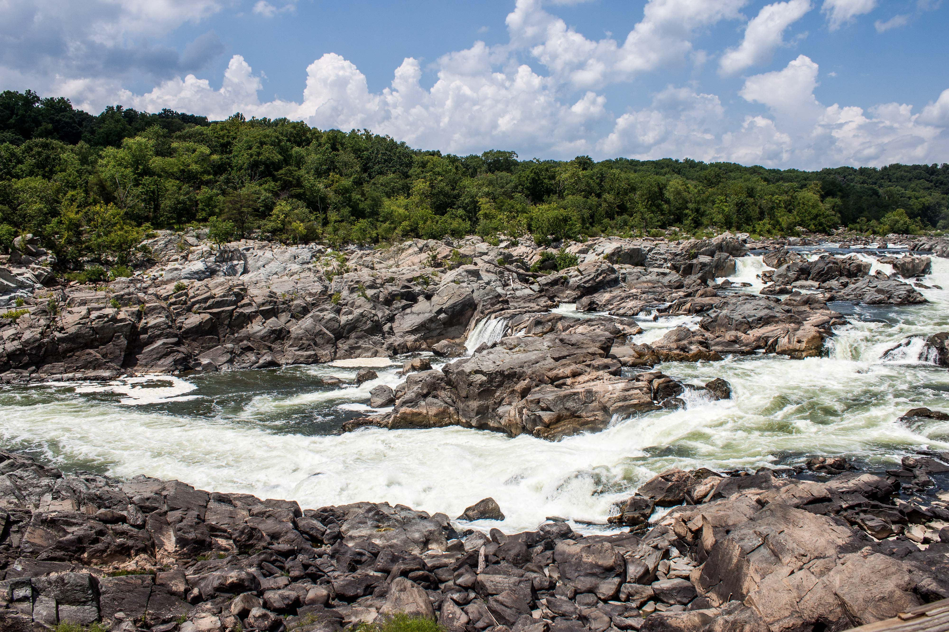A river rushes over a waterfall and some rapids.