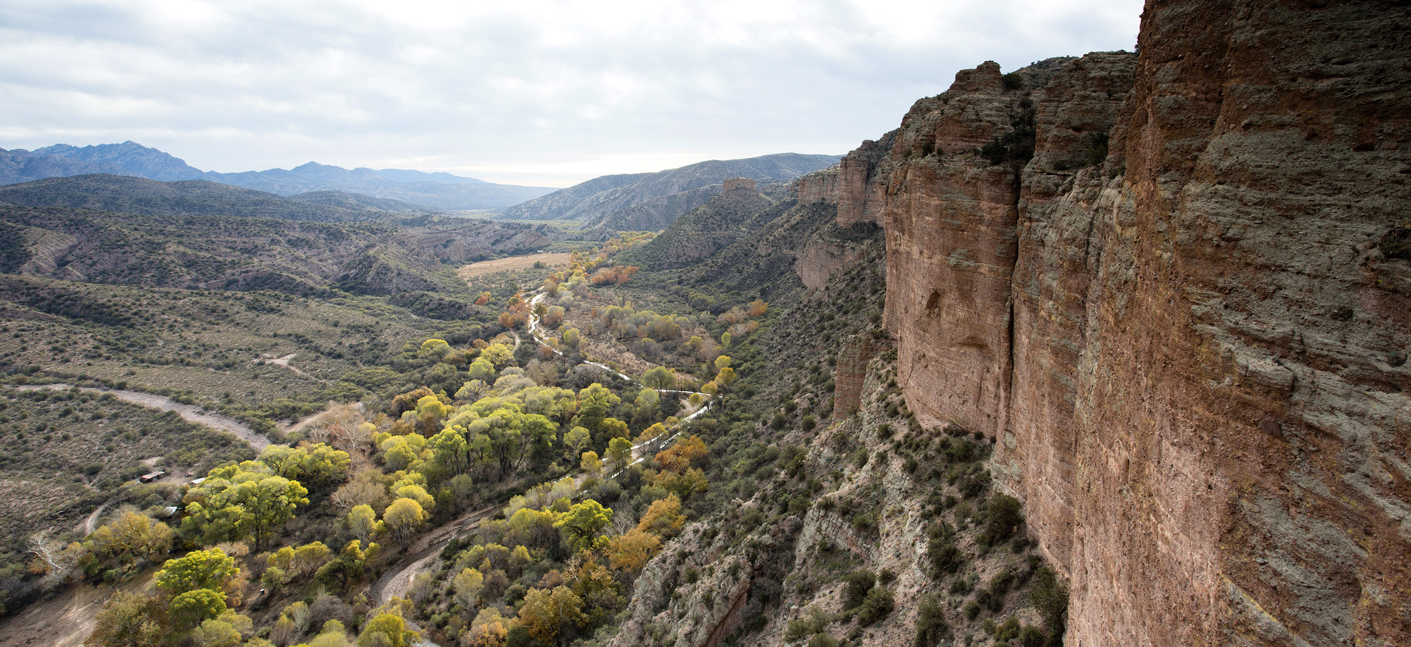 A landscape view of a valley, with steep red canyon wal