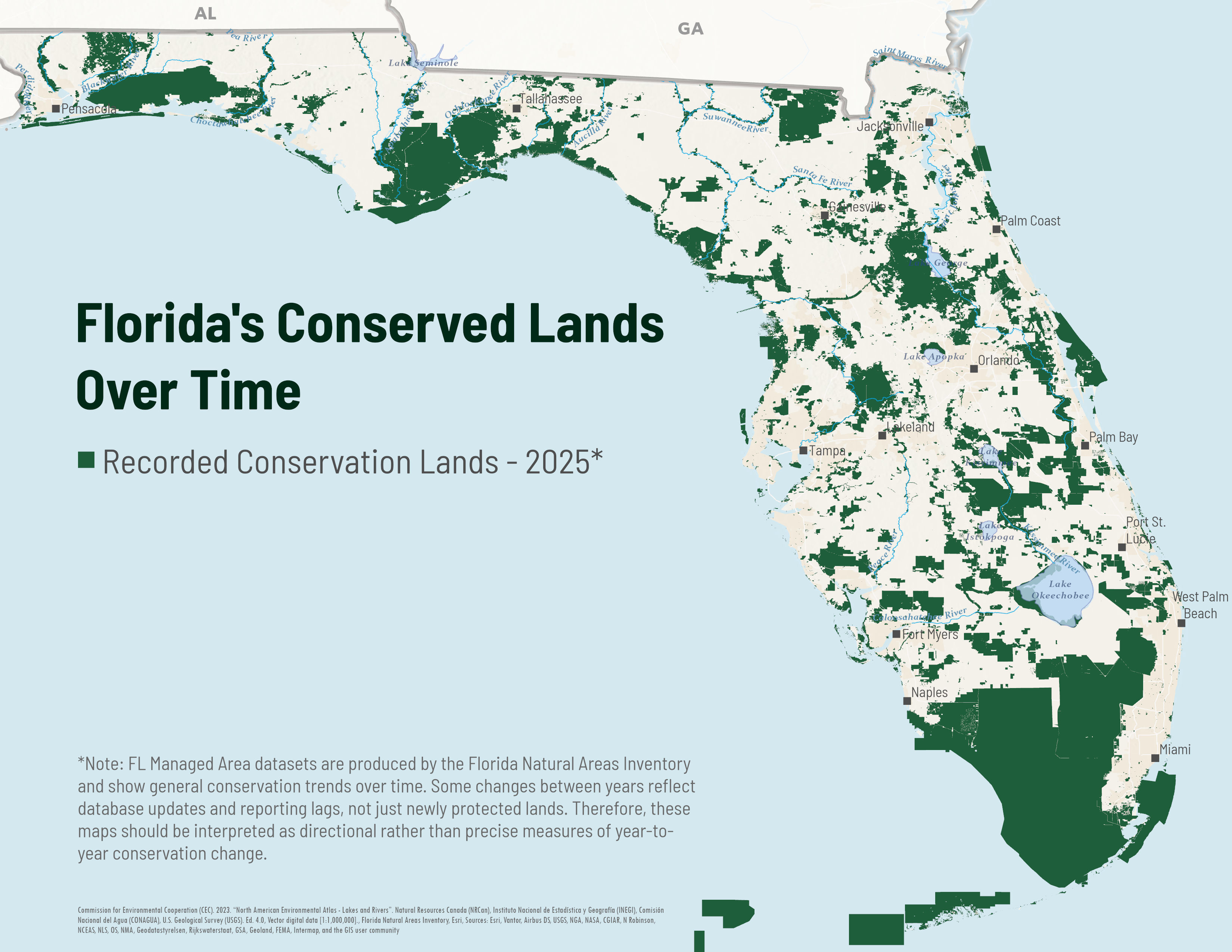 A map of conserved lands in Florida as of 2025, with dark green layer to indicate total areas conserved. 