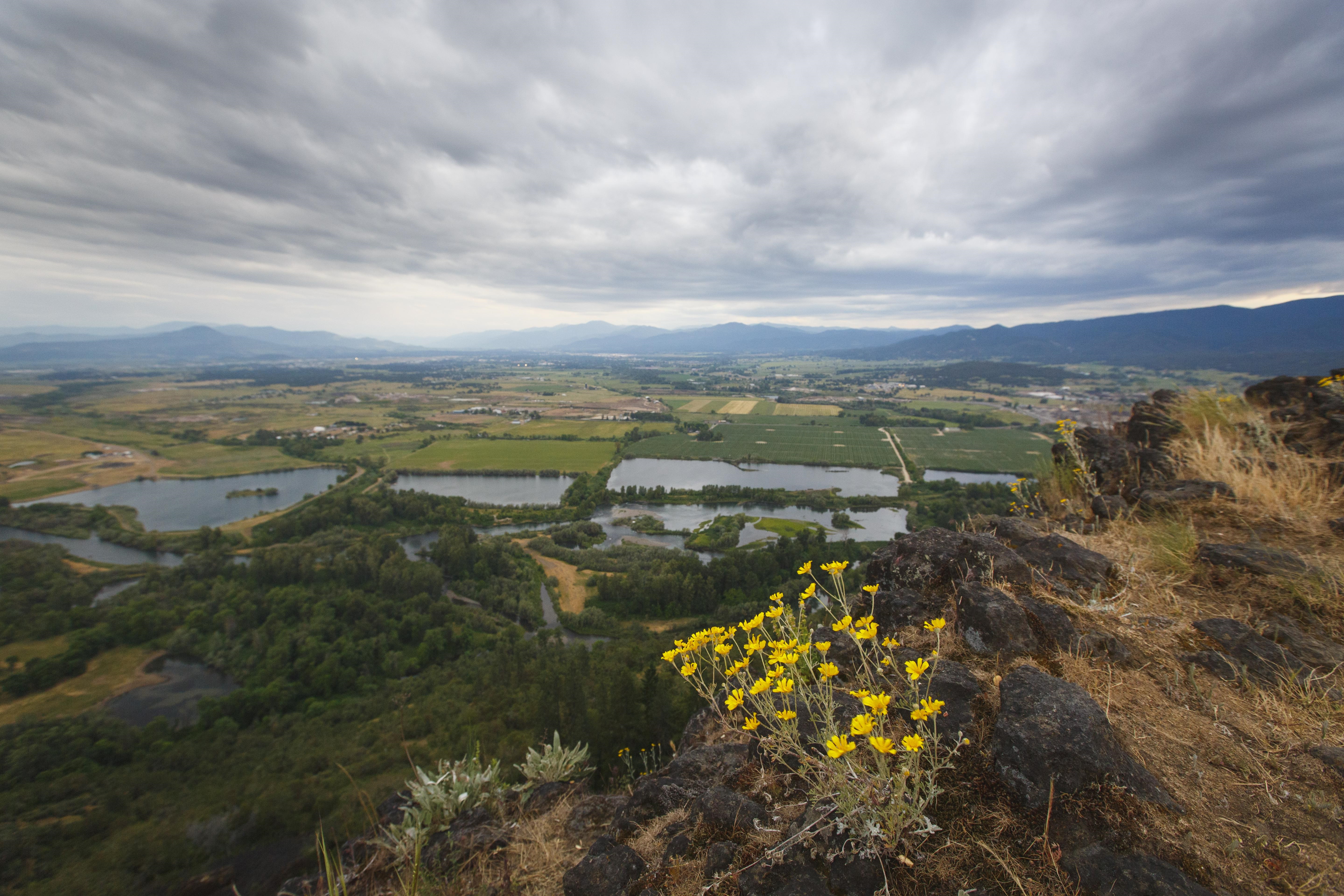 The view from the southern tip of Lower Table Rock during a stormy spring evening overlooking the Rogue Valley in southern O