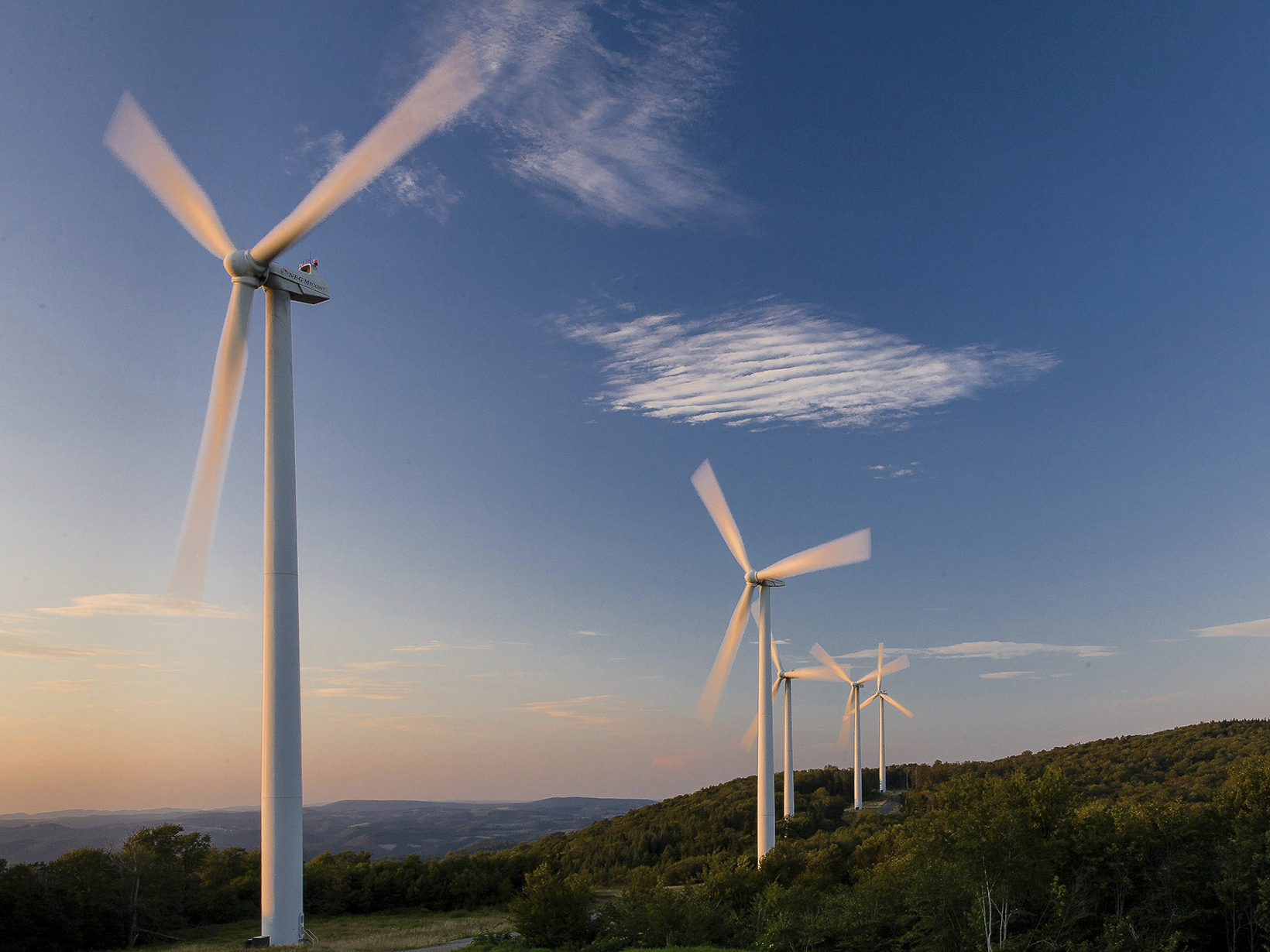 Wind mills on a ridgeline. 