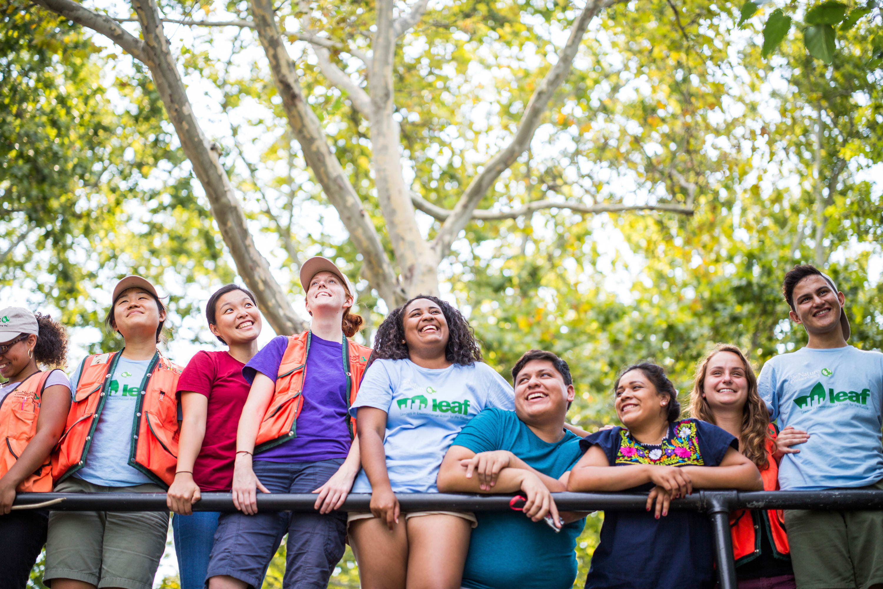 Young adults standing together in a line near trees.