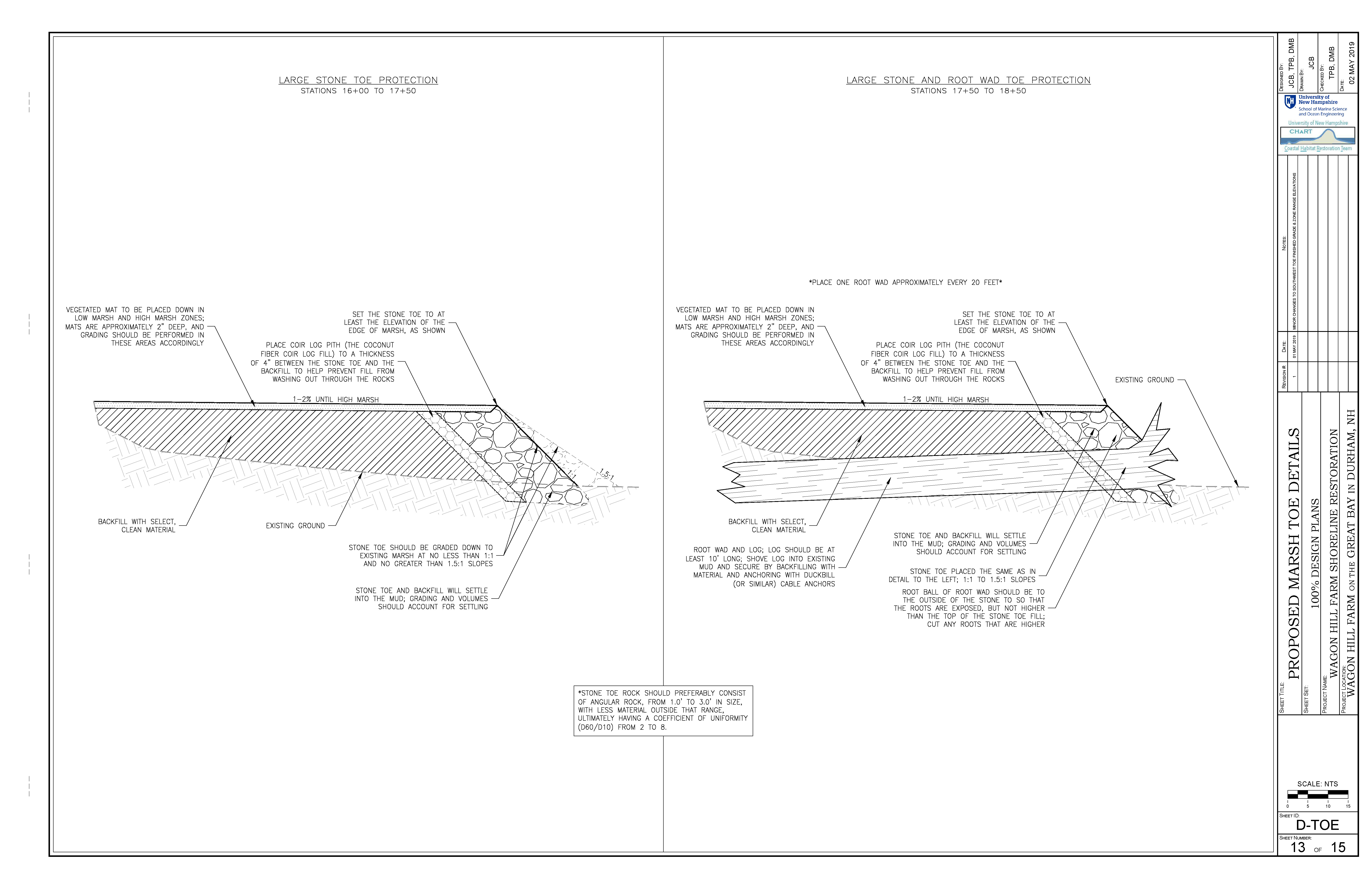 Engineering drawings show side-by-side designs for toe protection as part of a living shoreline.