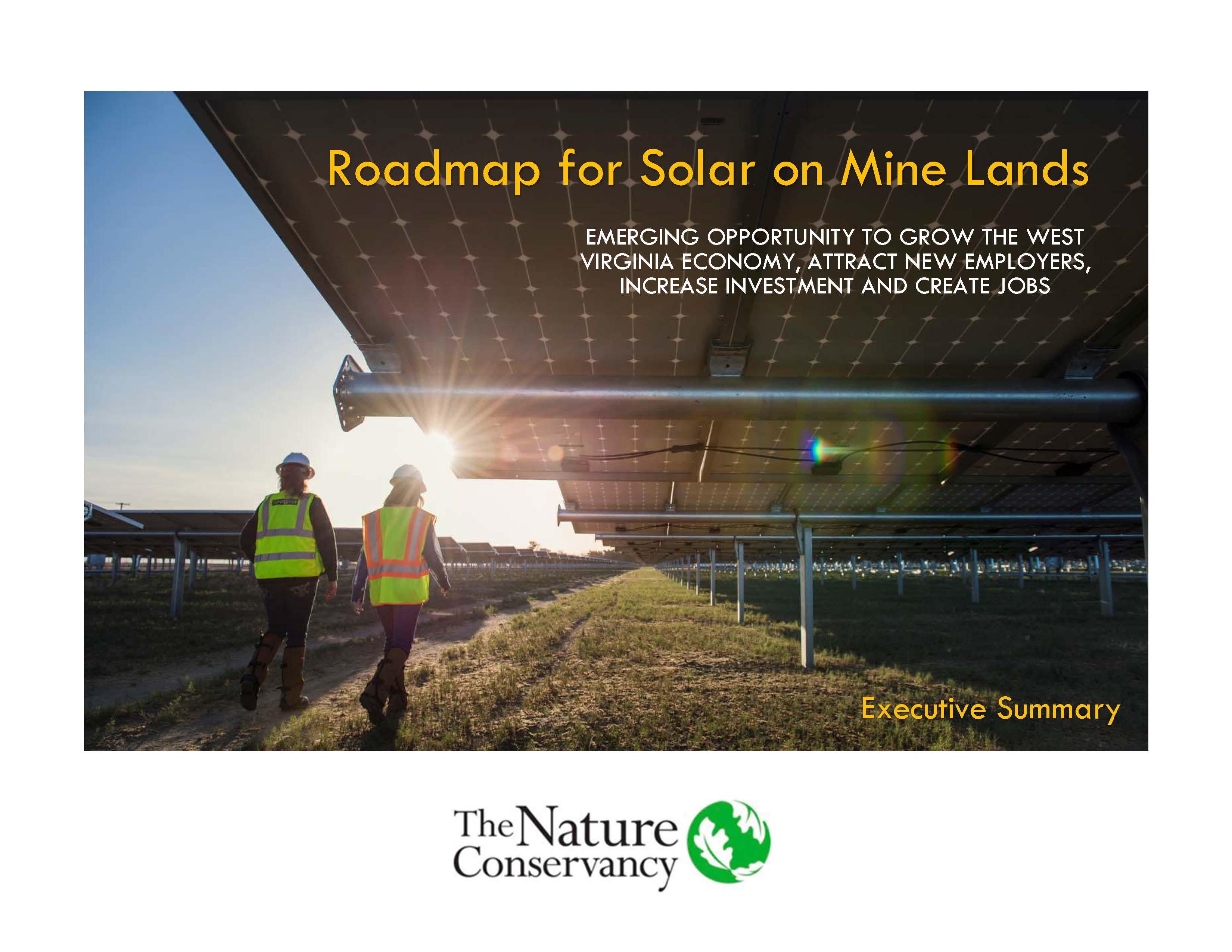 report cover showing two workers in high-vis vests and hardhats walking under solar panels.