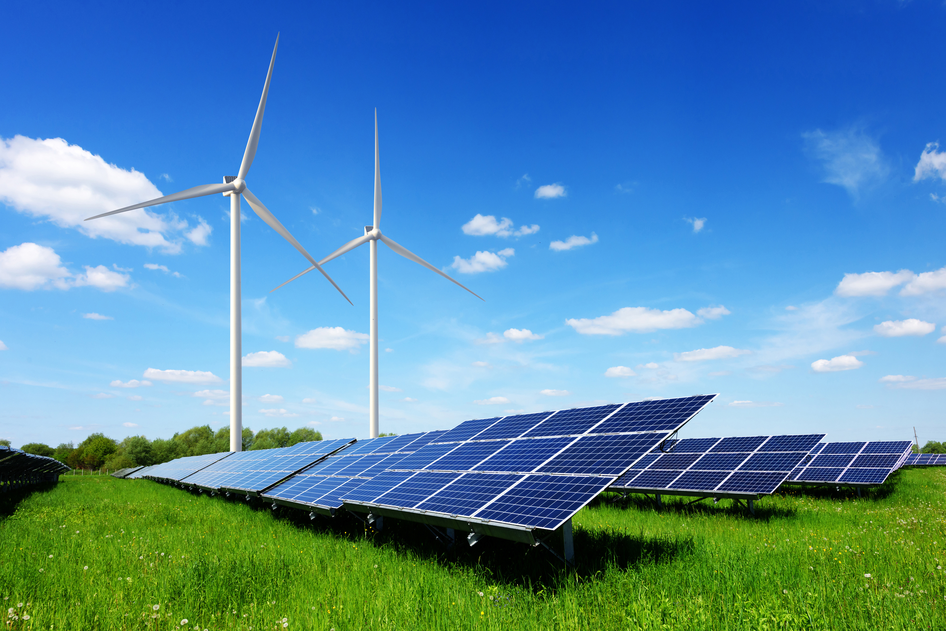 Solar panel and wind turbines on green grass with blue sky background.