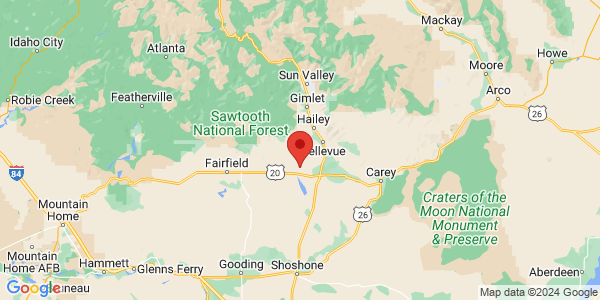 Map with marker: Located near Hailey, Idaho
